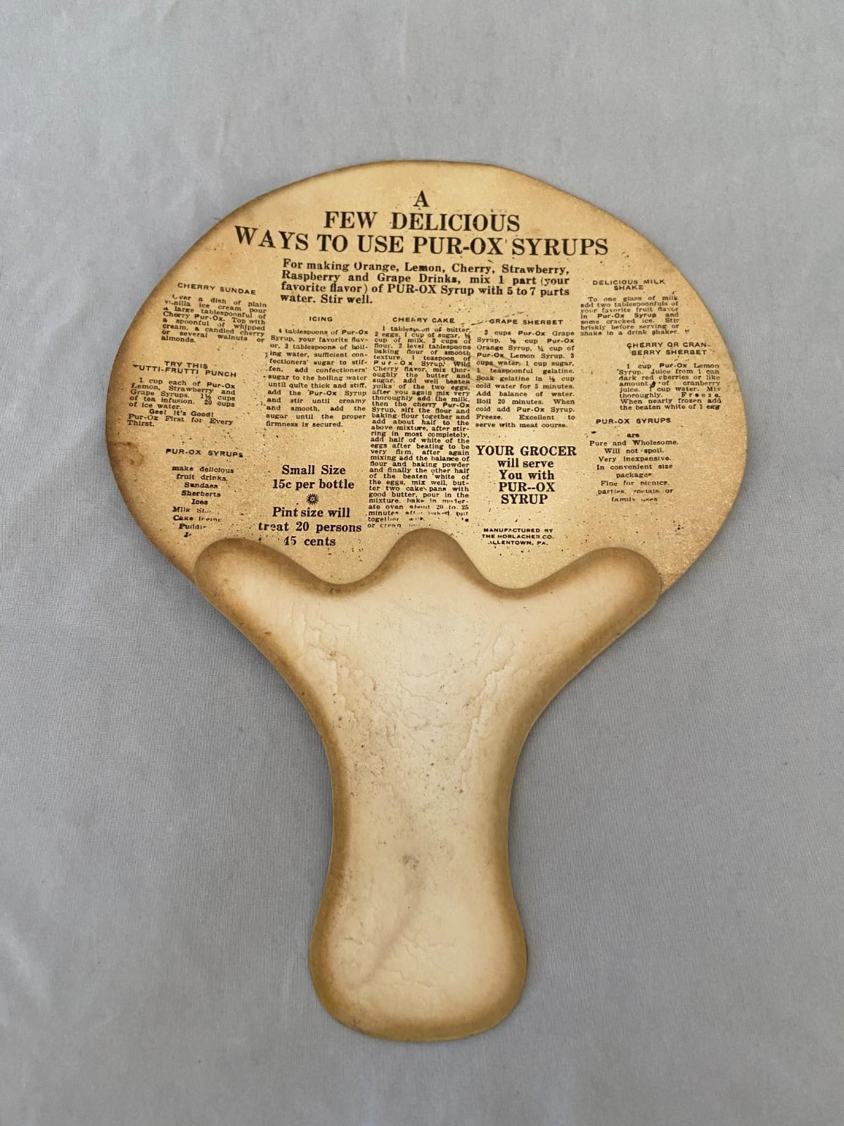 Vintage Advertising Die Cut PUR-OX SYRUPS Cardboard Handheld Fan