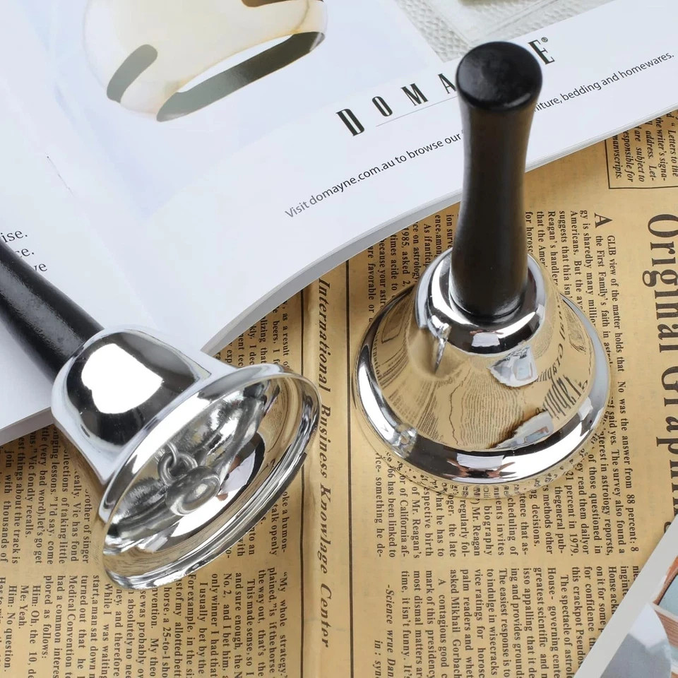 2 Pack Hand Bell Silver Steel Bell Ringing Bell with Handle Dinner Bells for Ins