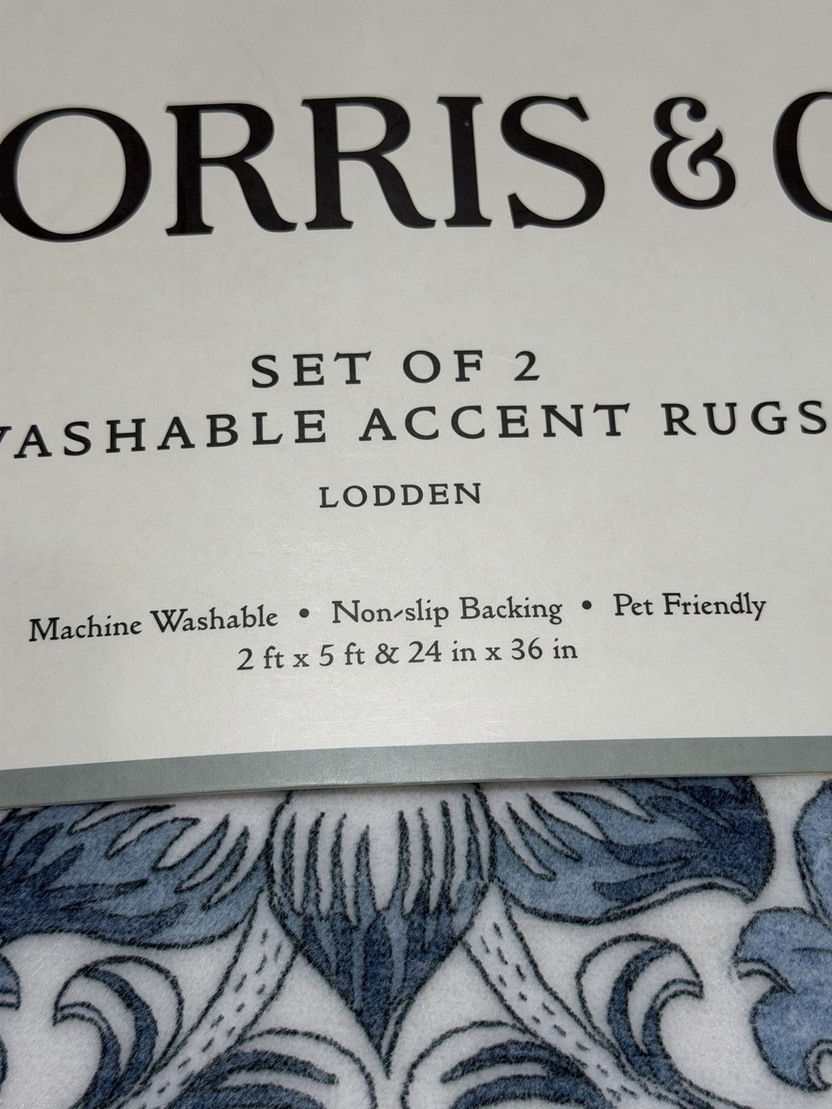 NEW Morris & Co 2 Piece Accent Rug Set Lodden Blue White 2'x5' Washable 24"x36"