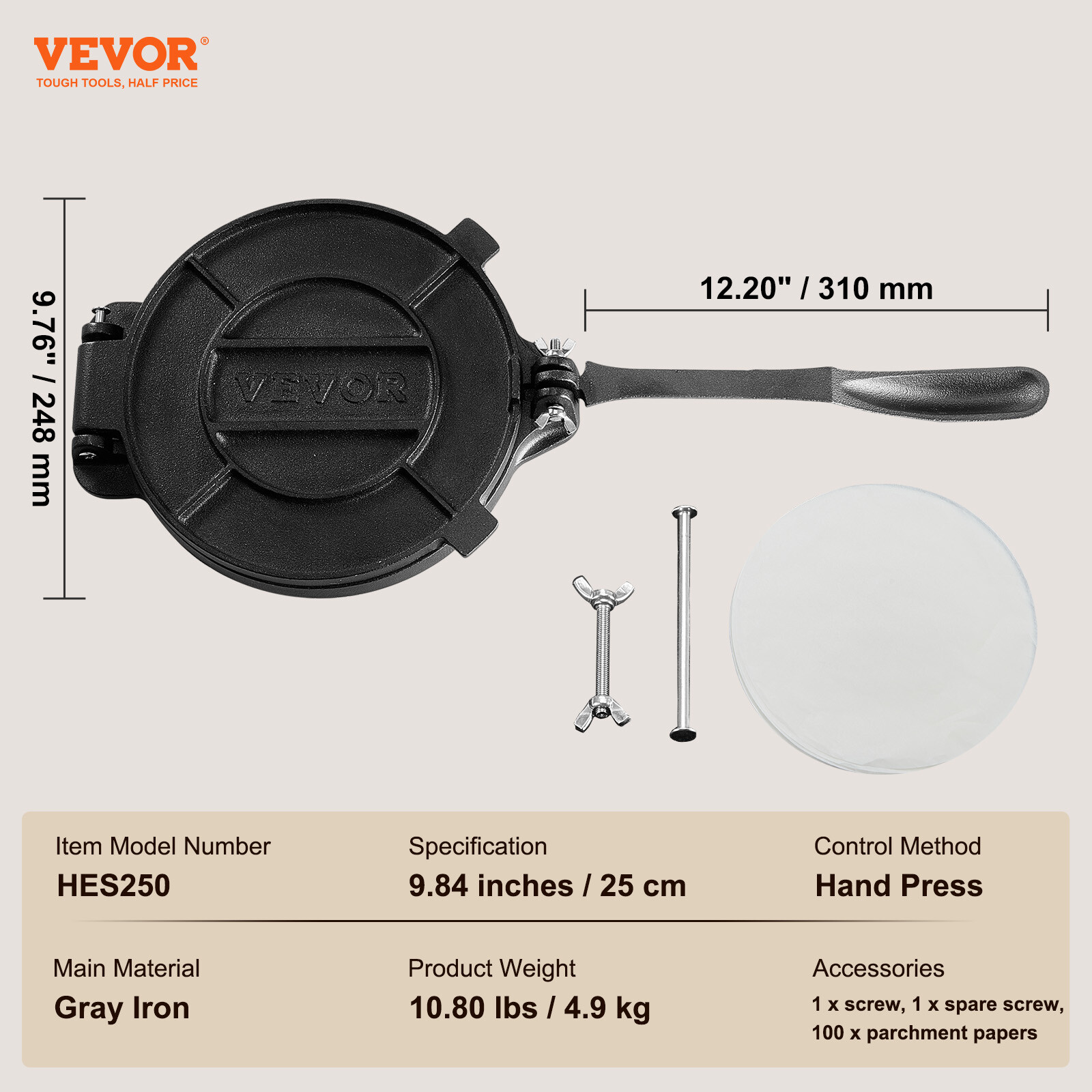 VEVOR 10 Inch Tortilla Press Chapati Maker Roti Dough Maker Heavy Duty Cast Iron