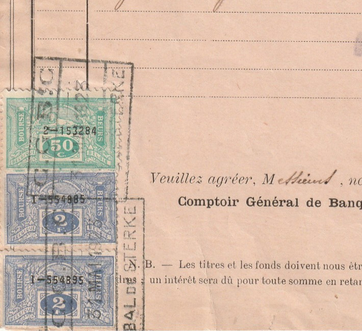 BELGIUM Rare Revenues 50c. & 2X 2Fr. tied Bank Receipt 1923