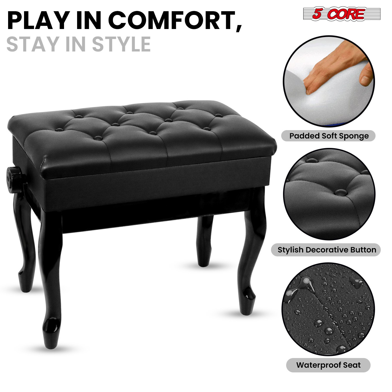 5 Core Piano Bench 3" Padded Cushioned Stool Wooden Heavy Duty Musician Chair