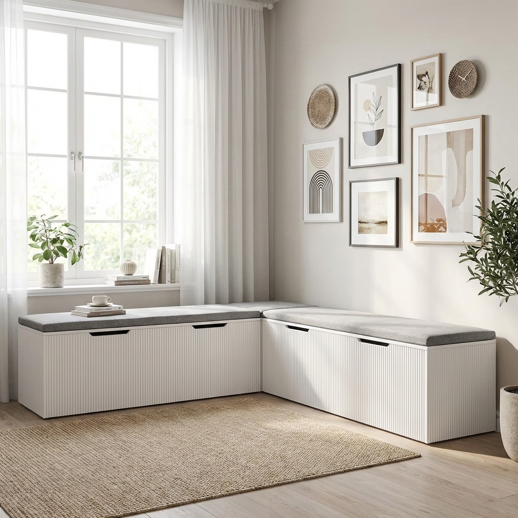 L-Shaped Storage Bench, Kitchen Breakfast Nook with Cushion & Hidden Storage