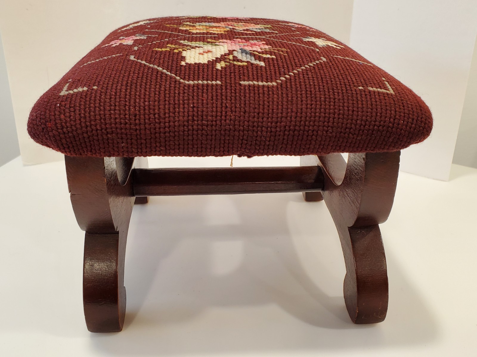 Vintage Needlepoint Foot Stool Ottoman Floral Burgundy Mahogany base