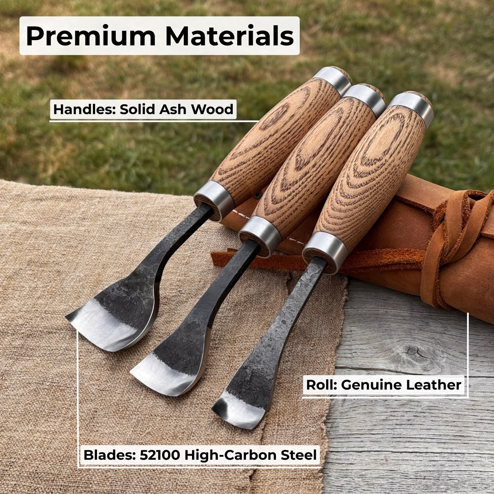 Set of 3 - 0.8, 1.2, 1.6'' Spoon Carving Gouges Hand-Forged Tool Bowls, Kuksas