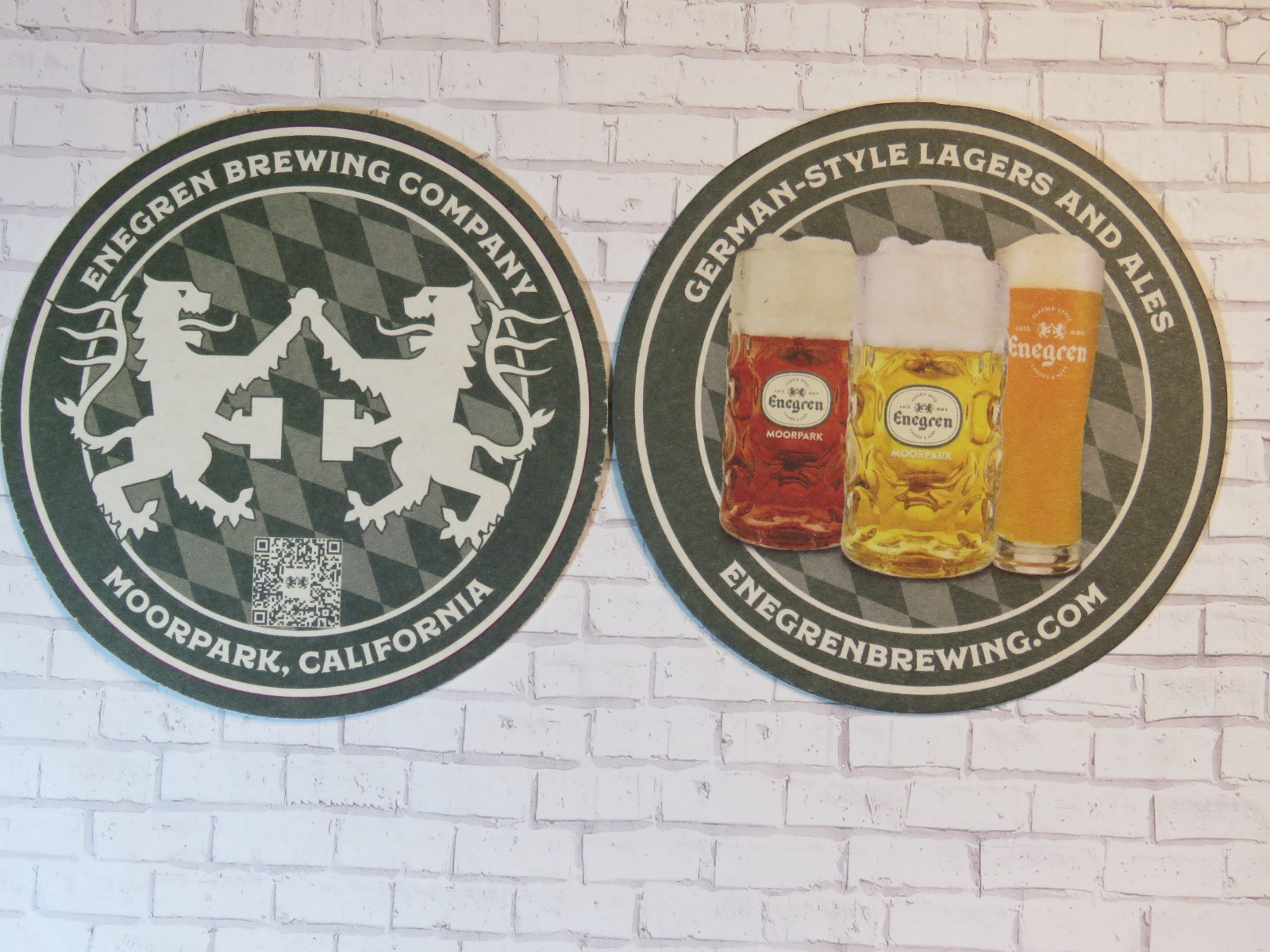 Beer Coaster ~ ENEGREN Brewing Co ~ Moorpark, CALIFORNIA ~ 2 Lions Drinking Ales