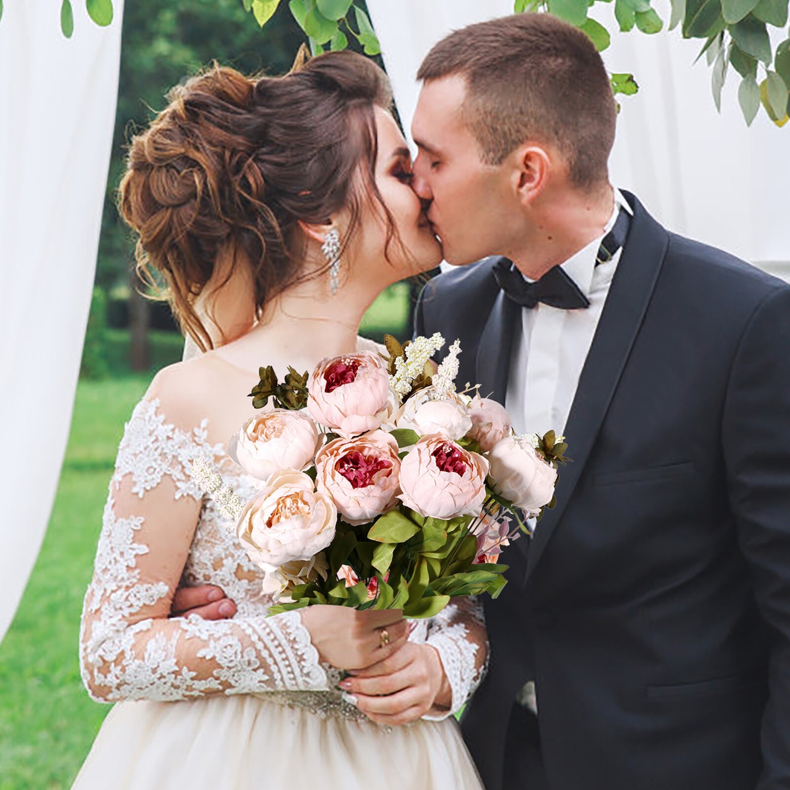 EZFLOWERY 2 PACK Artificial Peony Silk Flowers Arrangement Bouquet - Peach