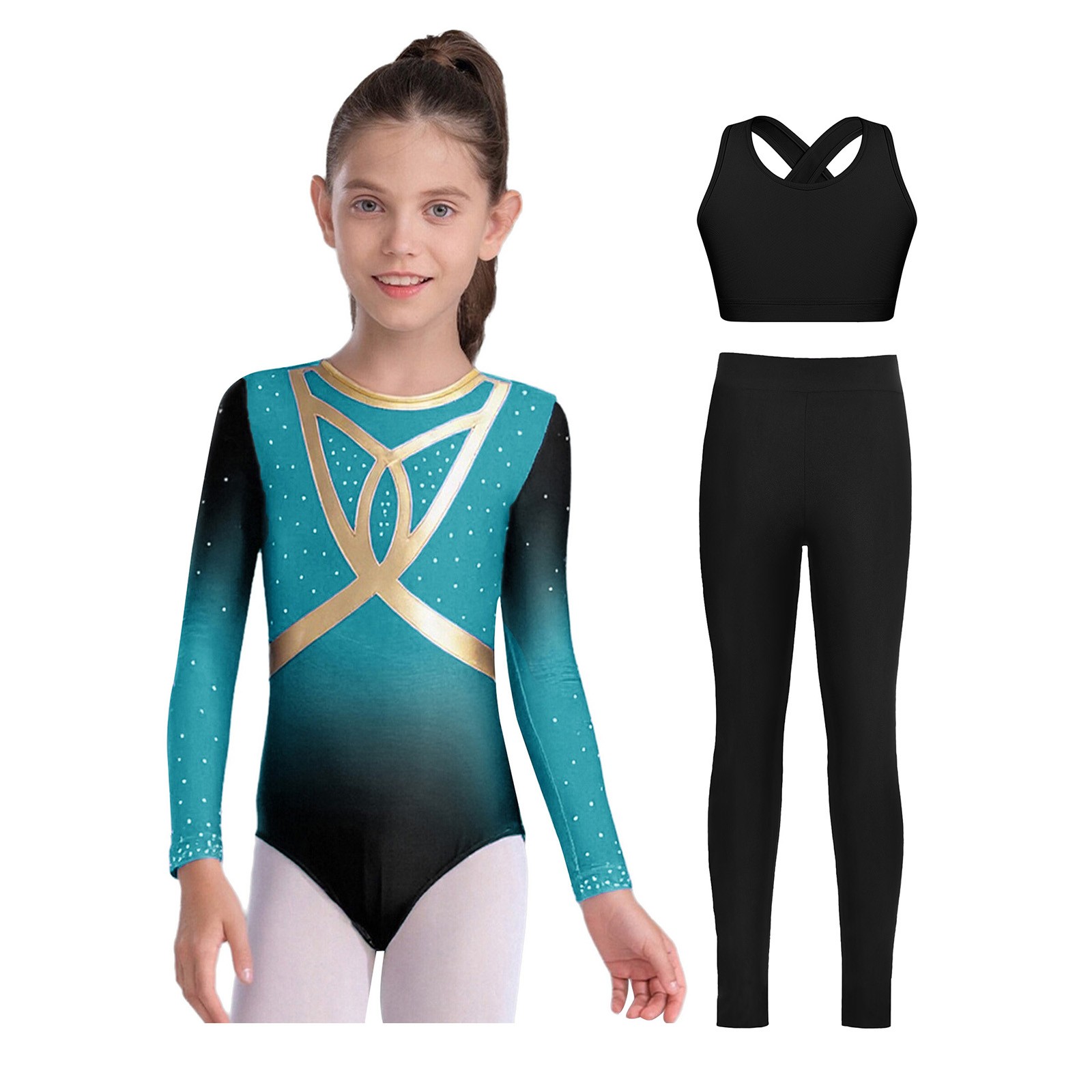 Kids Girls 3Pcs Set Crop Top Bodysuit Charming Dancewear Rhinestones Carnival