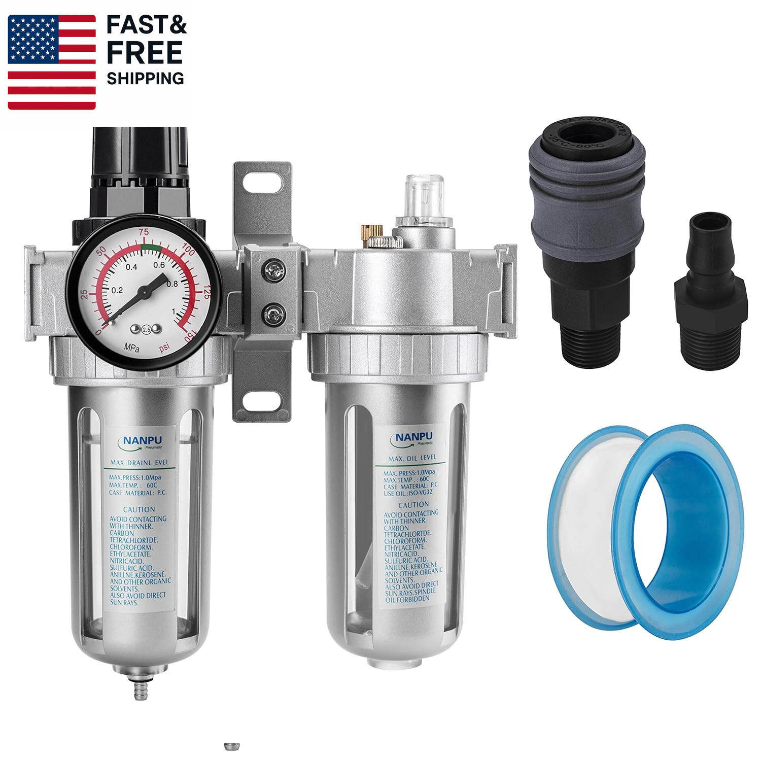 1/2" NPT Air Filter Pressure Regulator Lubricator Dryer Gauge Kit Water/Oil Trap