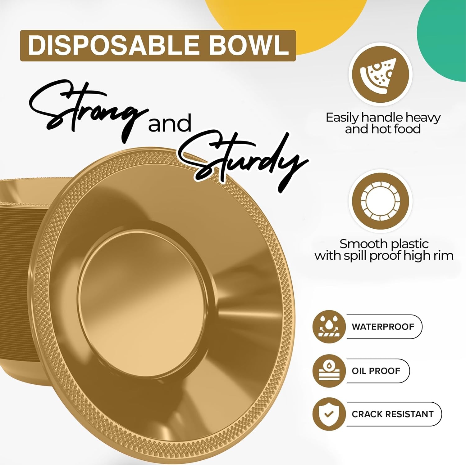 Gold Party Bowls - 50 Pack of 12 Oz Disposable Bowls for All Food Types