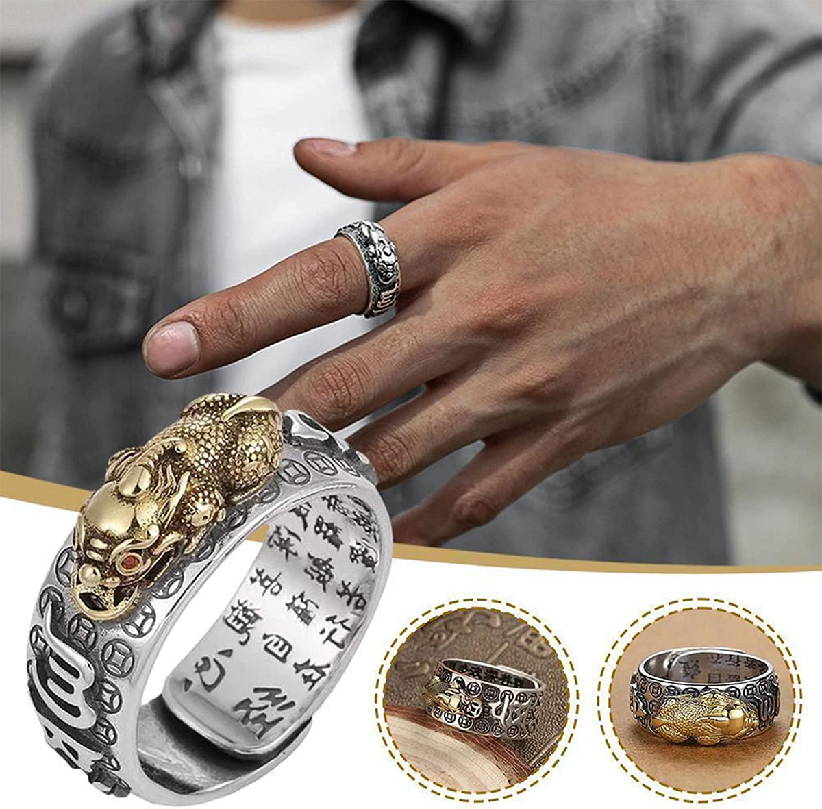 Silver Feng Shui Pixiu Adjustable Ring MANI Mantra Protection Wealth Ring USA