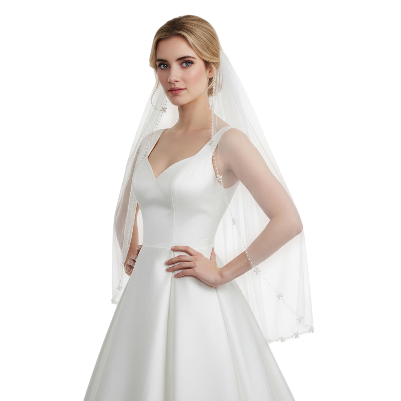 1 Tier Pearls Flower Beaded Edge Wedding Bridal Veil Fingertip Length Women Cap