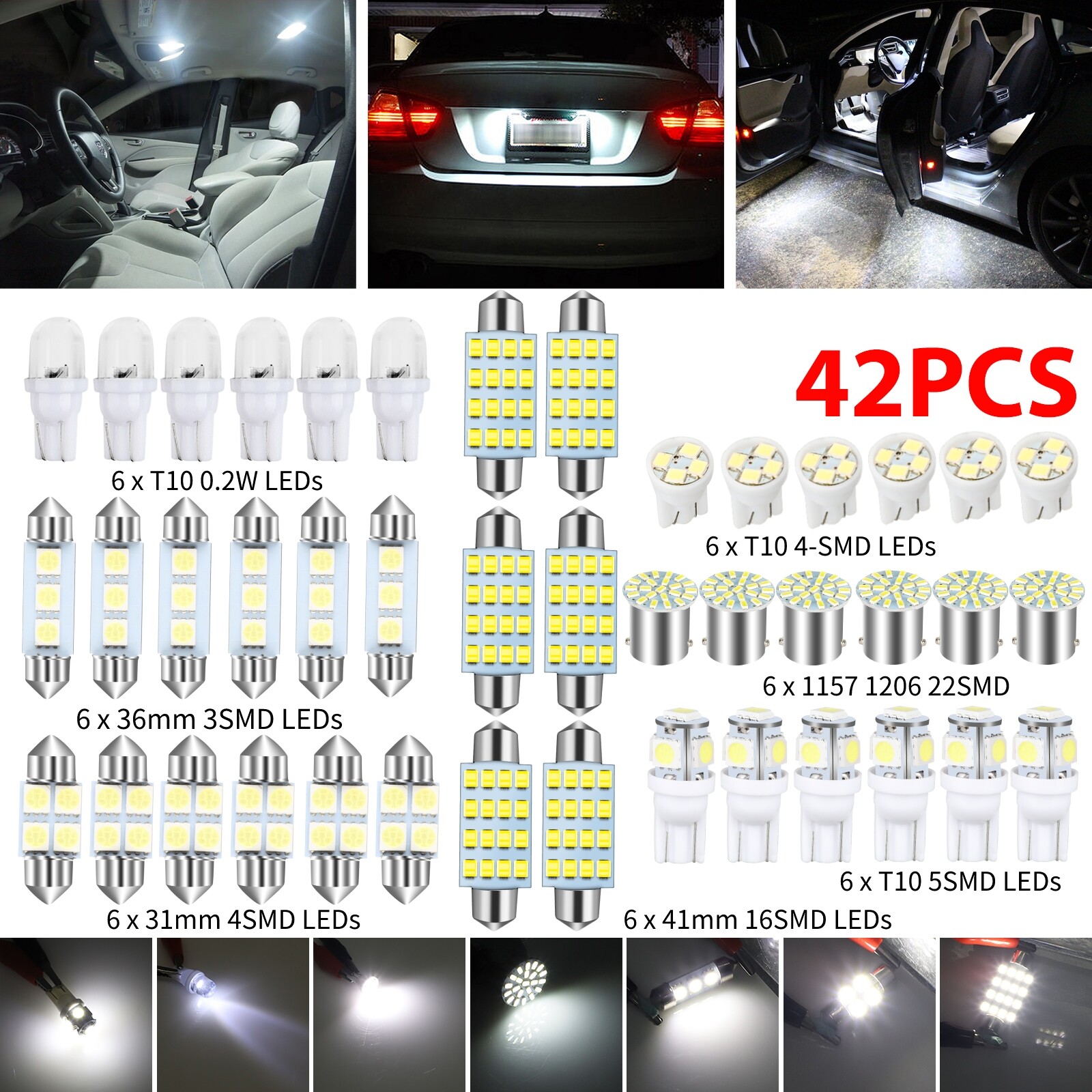 Car Interior Combo LED Map Dome Door Trunk License Plate Light Bulbs White 42PCS