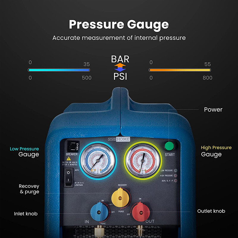 Refrigerant Recovery Machine 1 HP Dual Cylinder Oil-Less Freon Recycling Unit