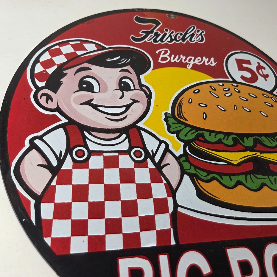 Vintage Big Boy Sign - 5 Cent Frisch's Fast Food Porcelain Gas Pump Sign