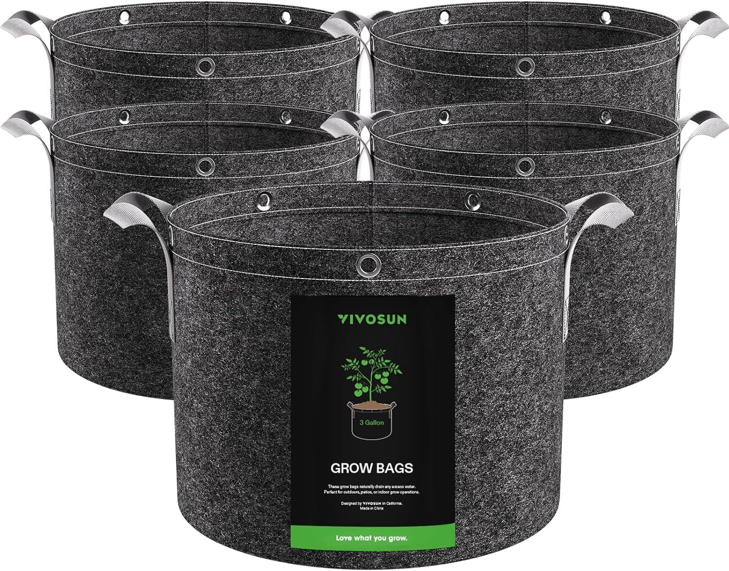 VIVOSUN 5-Pack 3/5/7/10/15/25 gallon Grow Bags, 360G Thick Nonwoven Fabric Black