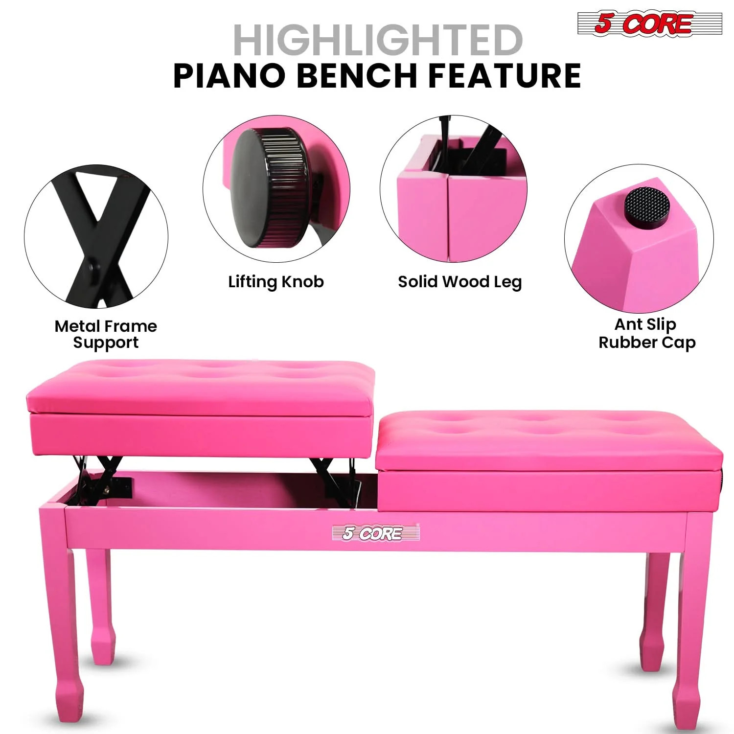 5 Core Duet Piano Bench 3.5 Inch Padded Cushioned Stool Wooden Musician Chair