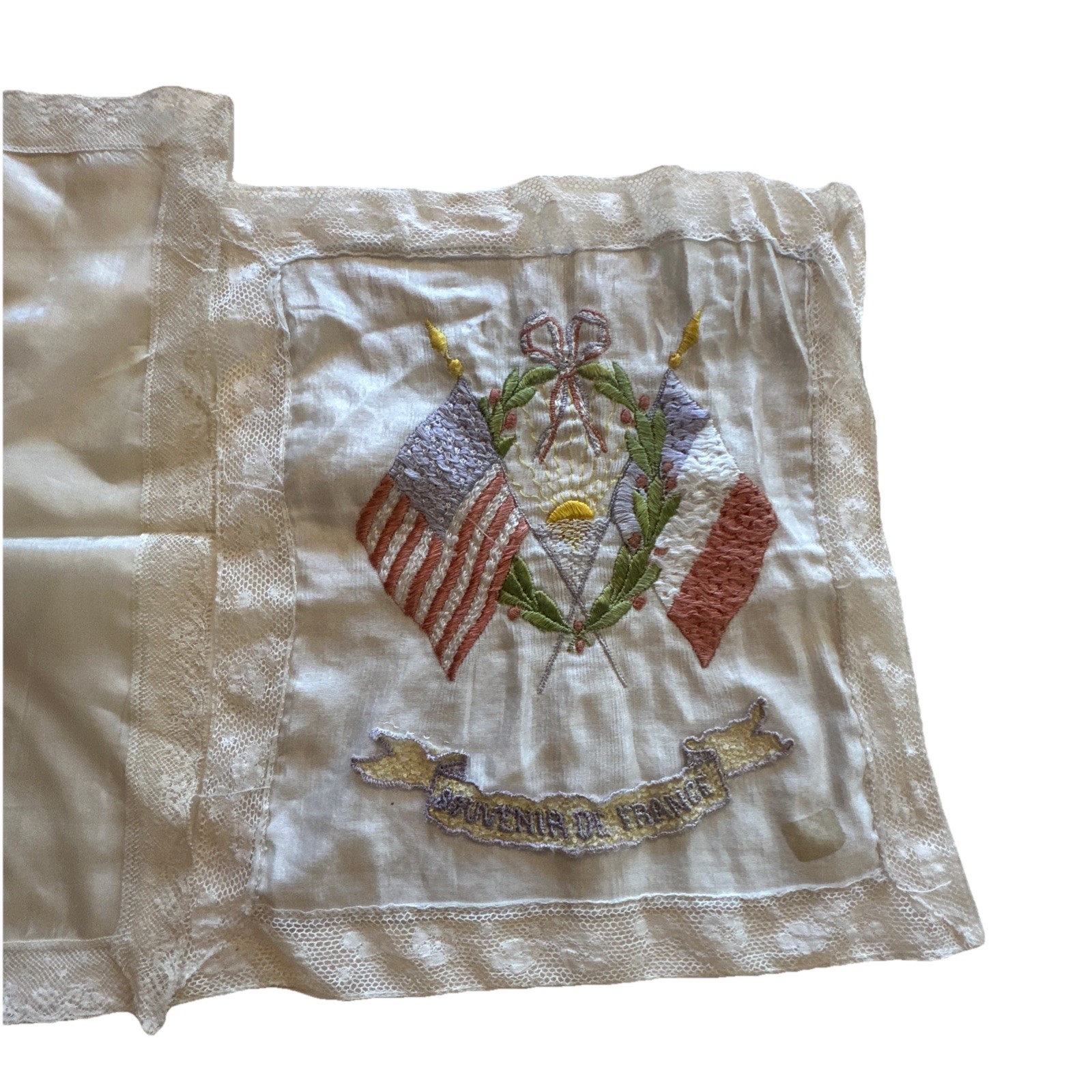 WWI Souvenir De France Embroidered Silk Handkerchief Lot of 2 1914-1919 As