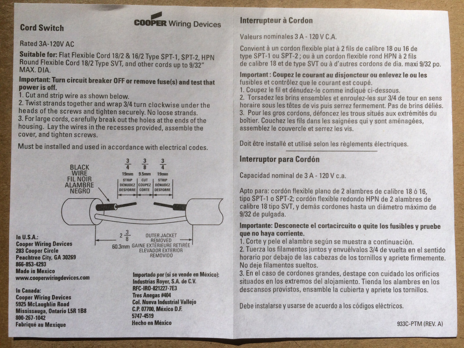 Inline Cord Switch- Cooper Vintage Style Rocker Feed Thru Switch, Lamp Wire Fans