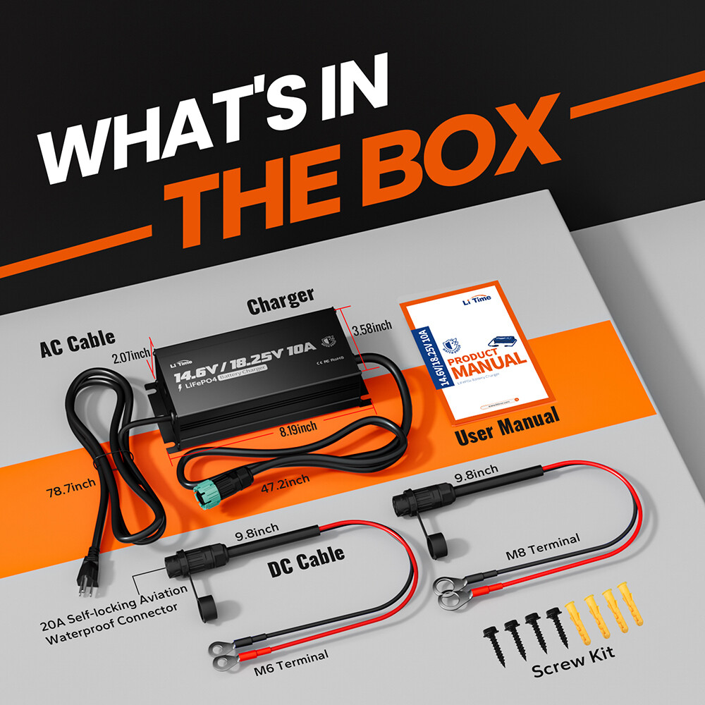 LiTime 14.6V/18.25V 10A Smart Waterproof Charger for 12.8V/16V LiFePO4 Battery