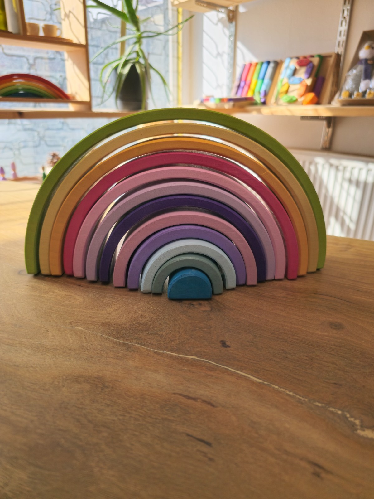 Wooden Rainbow Stacker Grimms Style: 12-Piece Pastel Montessori Toy