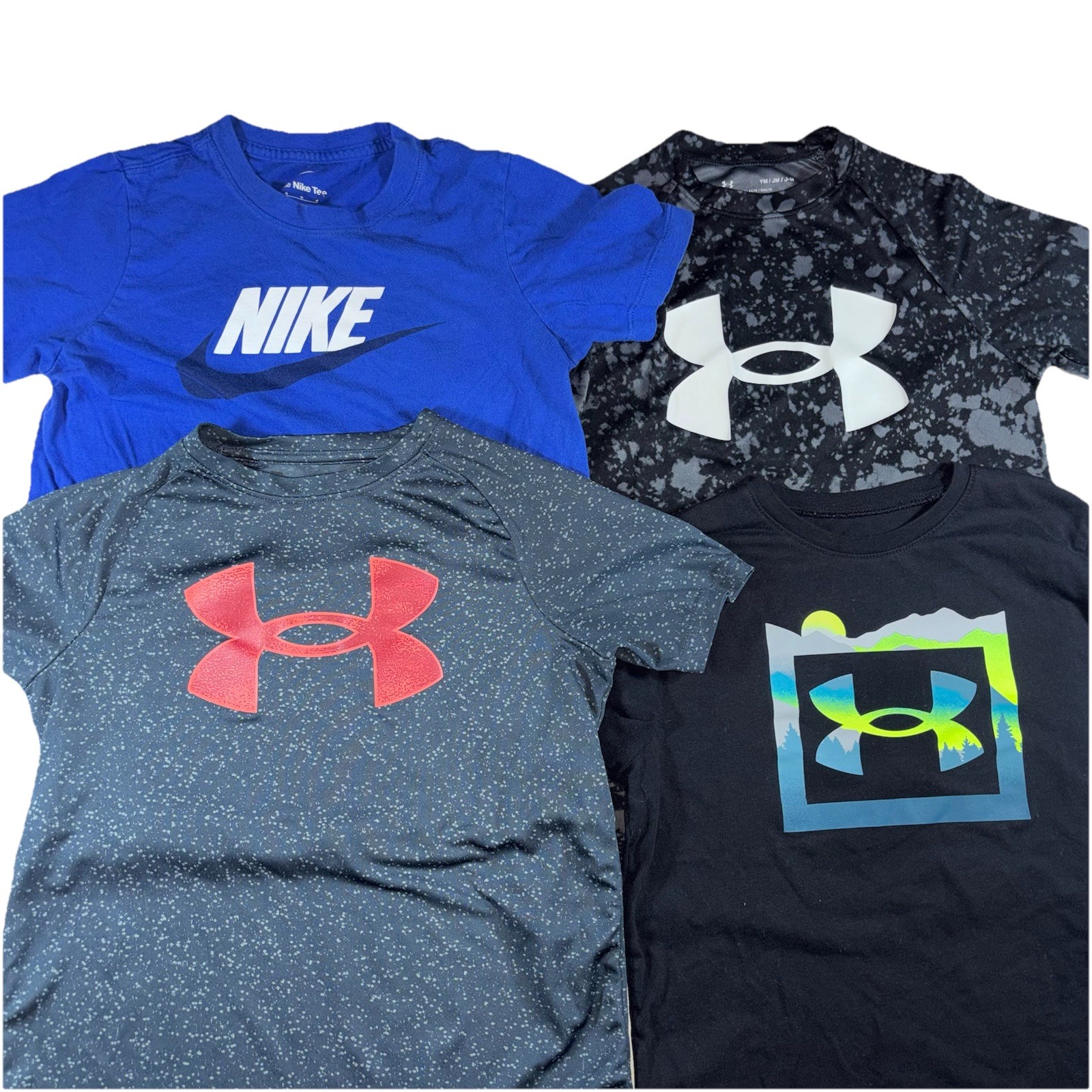 Under Armour and Nike Youth Medium YM Lot Of 4 Shirts Blue Gray Black Logo EUC