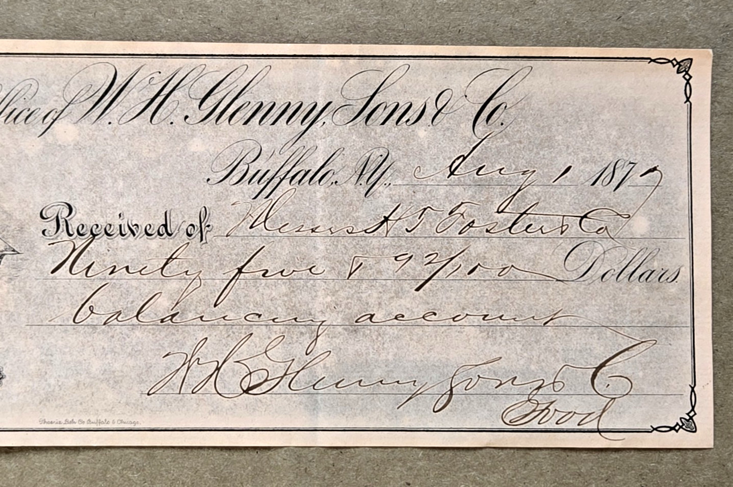 1879 Buffalo Importer Check - W.H. Glenny, Sons & Co. - Clipper Ship Graphic