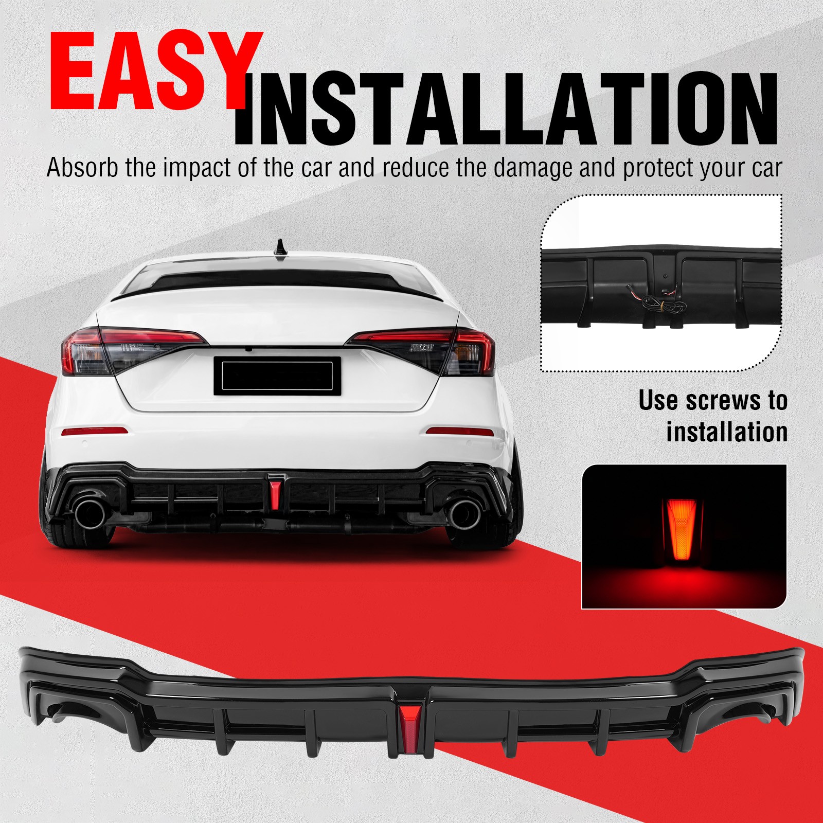 Rear Diffuser w/LED Light + Corner Spats Gloss Black For 2022-2026 Honda Civic