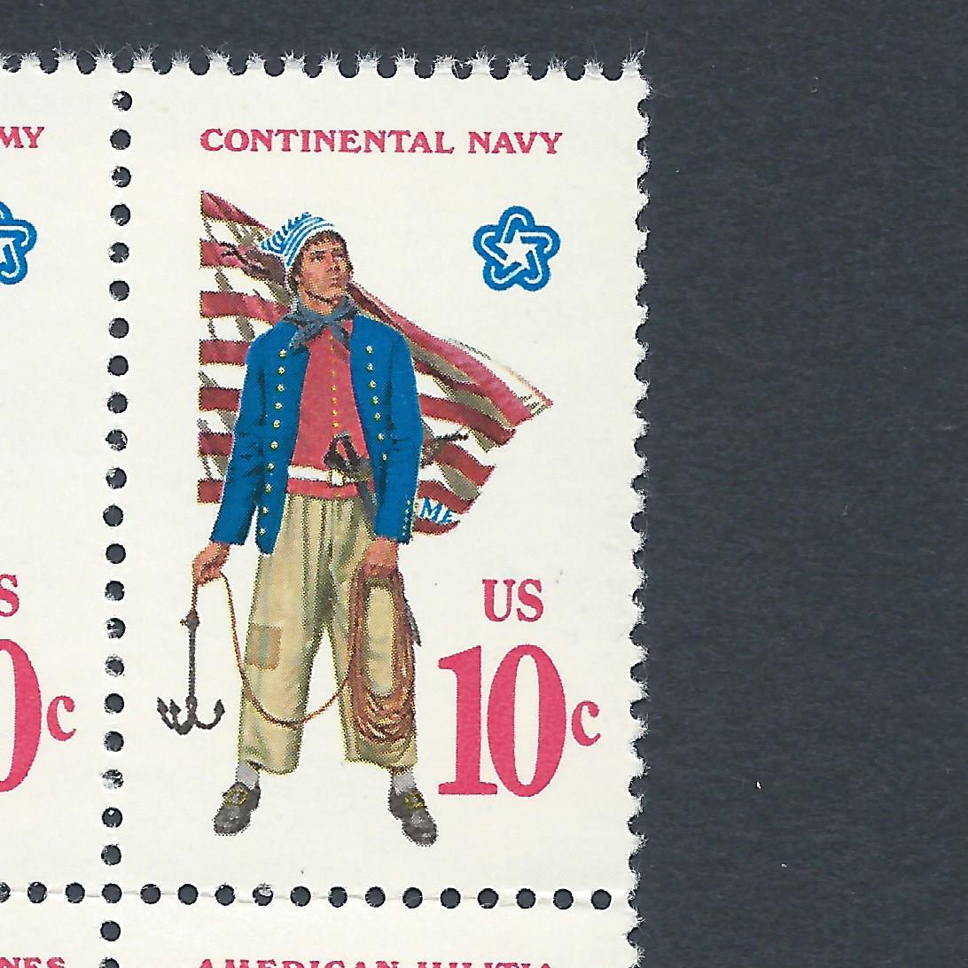 Revolutionary War Soldiers & Sailor Uniforms Mint Set of 4 Stamps 50 Years Old!