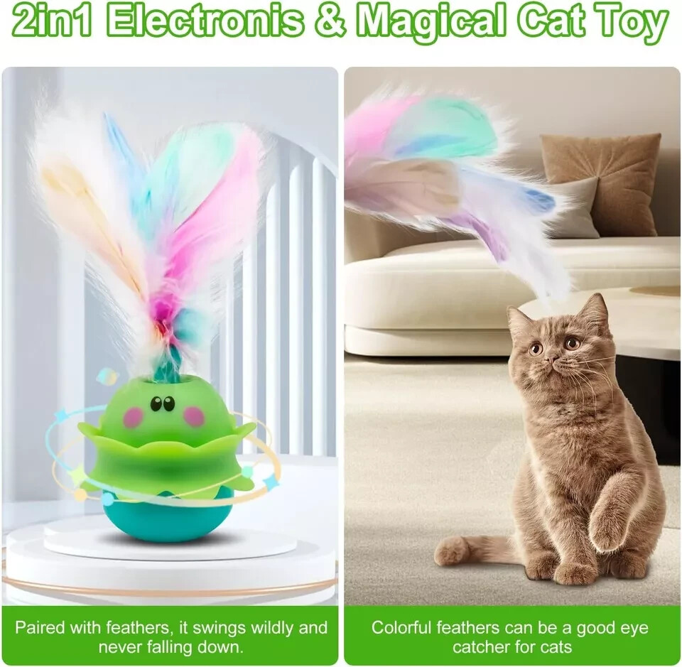 Cat Toys Monster, 2in1 Automatic Interactive Toy, Real Feathers, Rechargeable