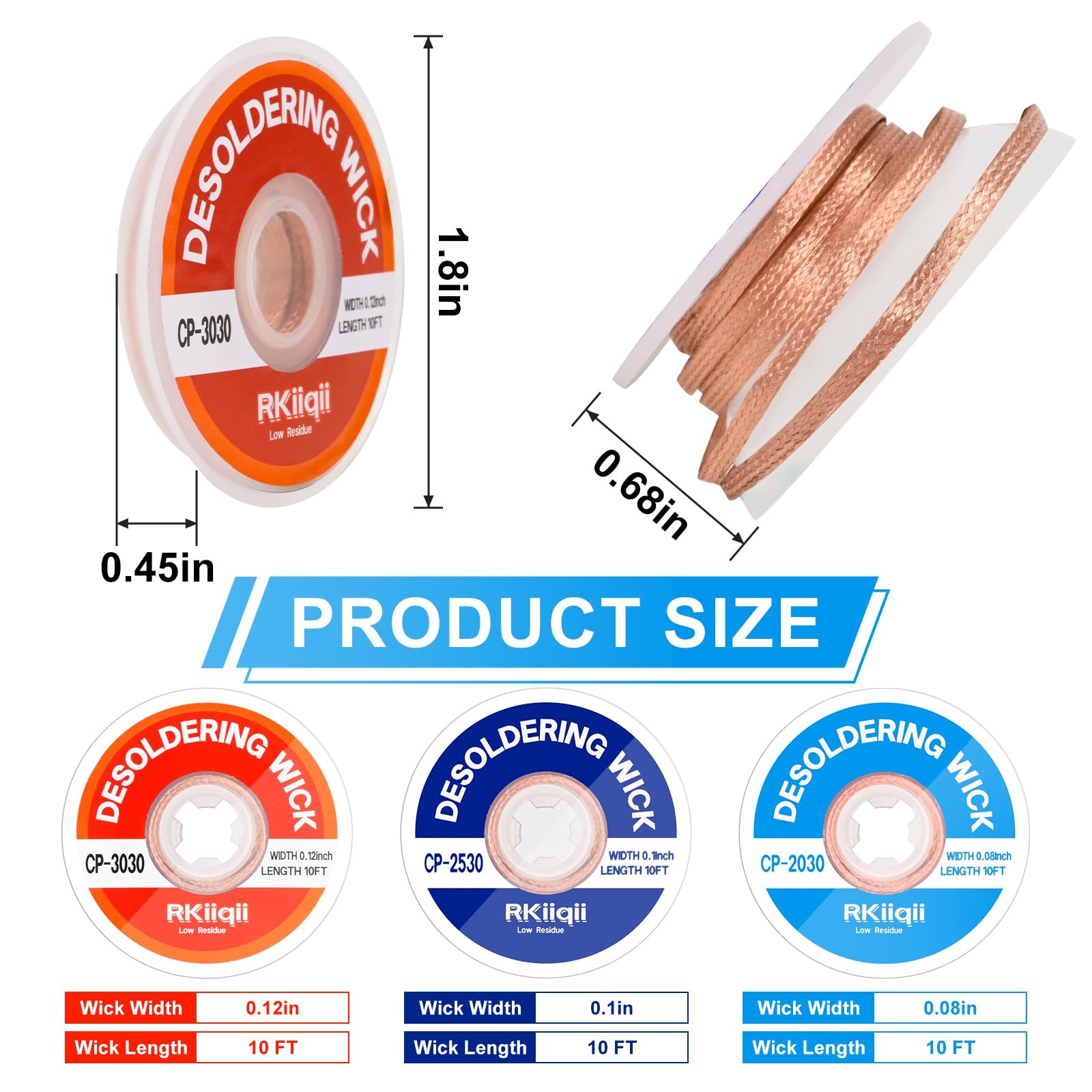 3Pcs Solder Wick Braid Kit with Flux, Low Residue Desoldering Wire 10ft Each