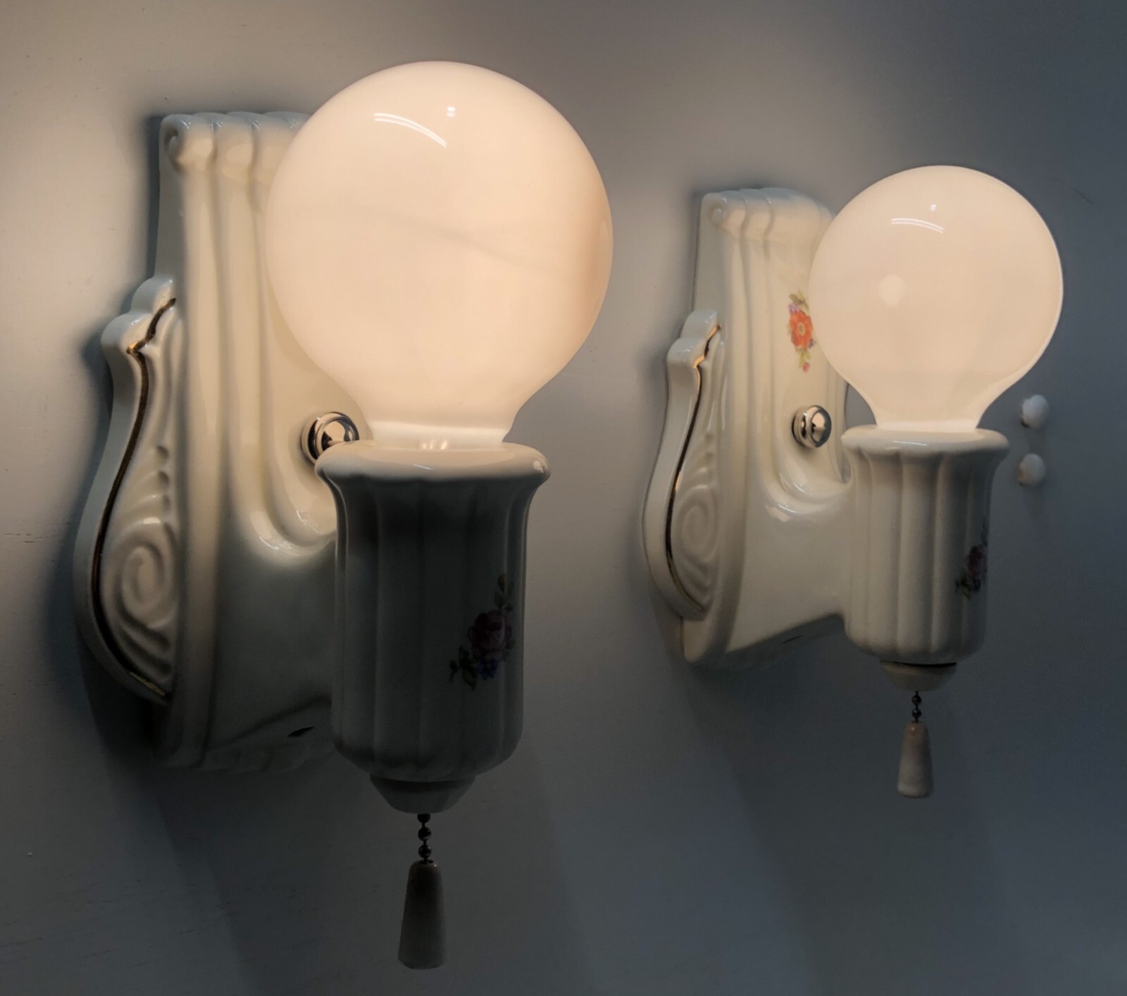 Porcelain Wall Sconce Pair Vtg Ceramic Light Fixture Flower Gold Art USA #i29