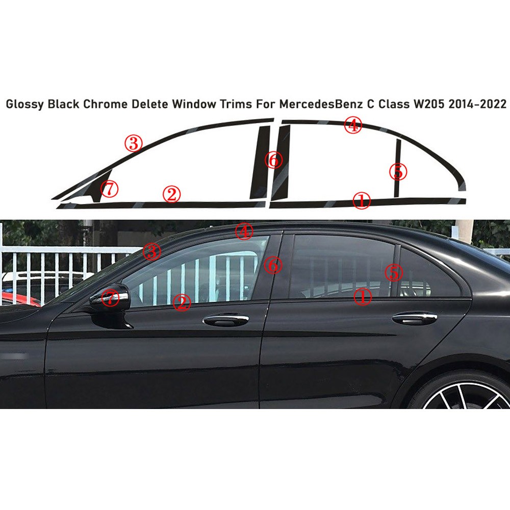 Glossy Black Chrome Delete Window Trims For Mercedes Benz C Class W205 2014-2022
