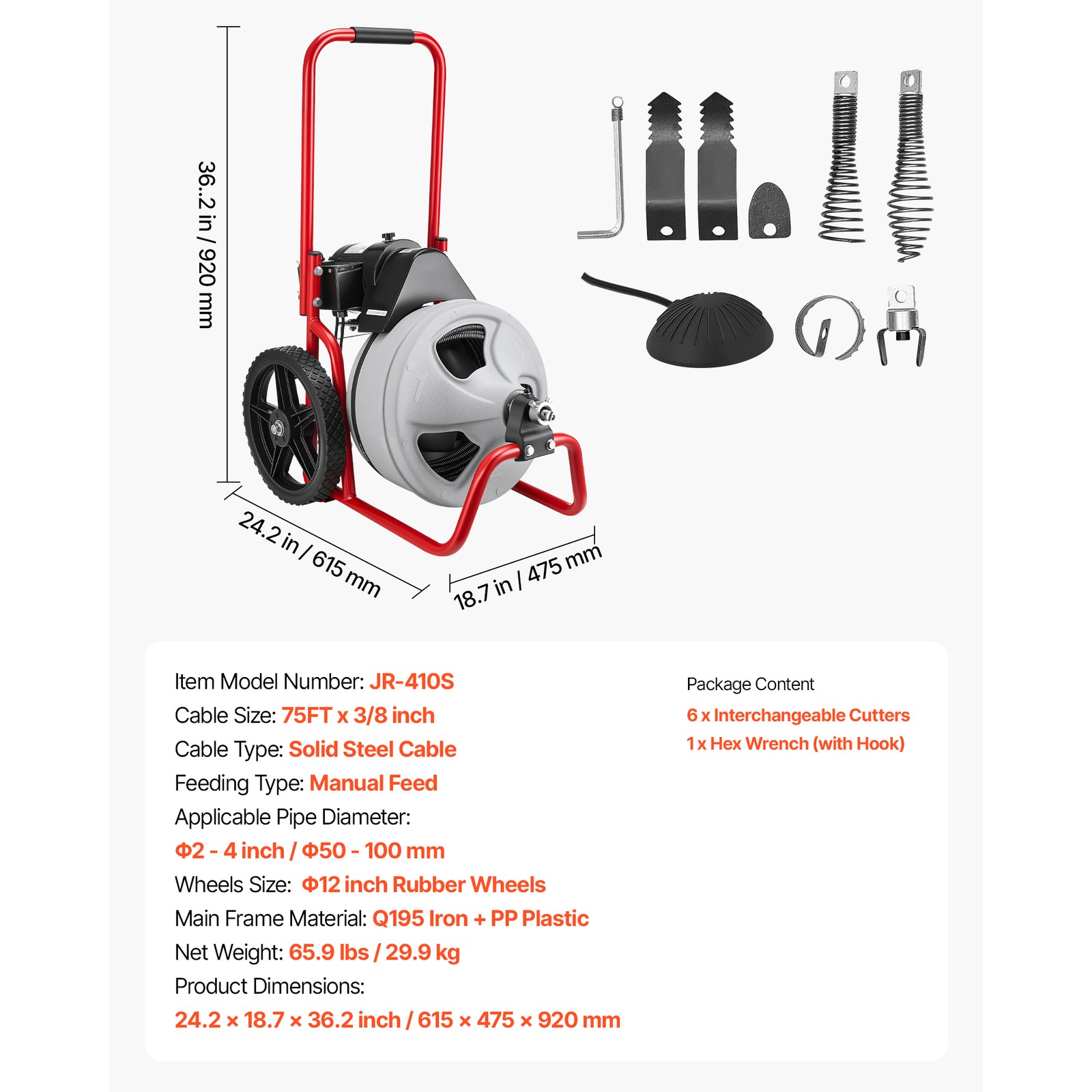 Uimoso 75 FT x 3/8 Inch Manual Sewer Snake Drain Cleaning Machine