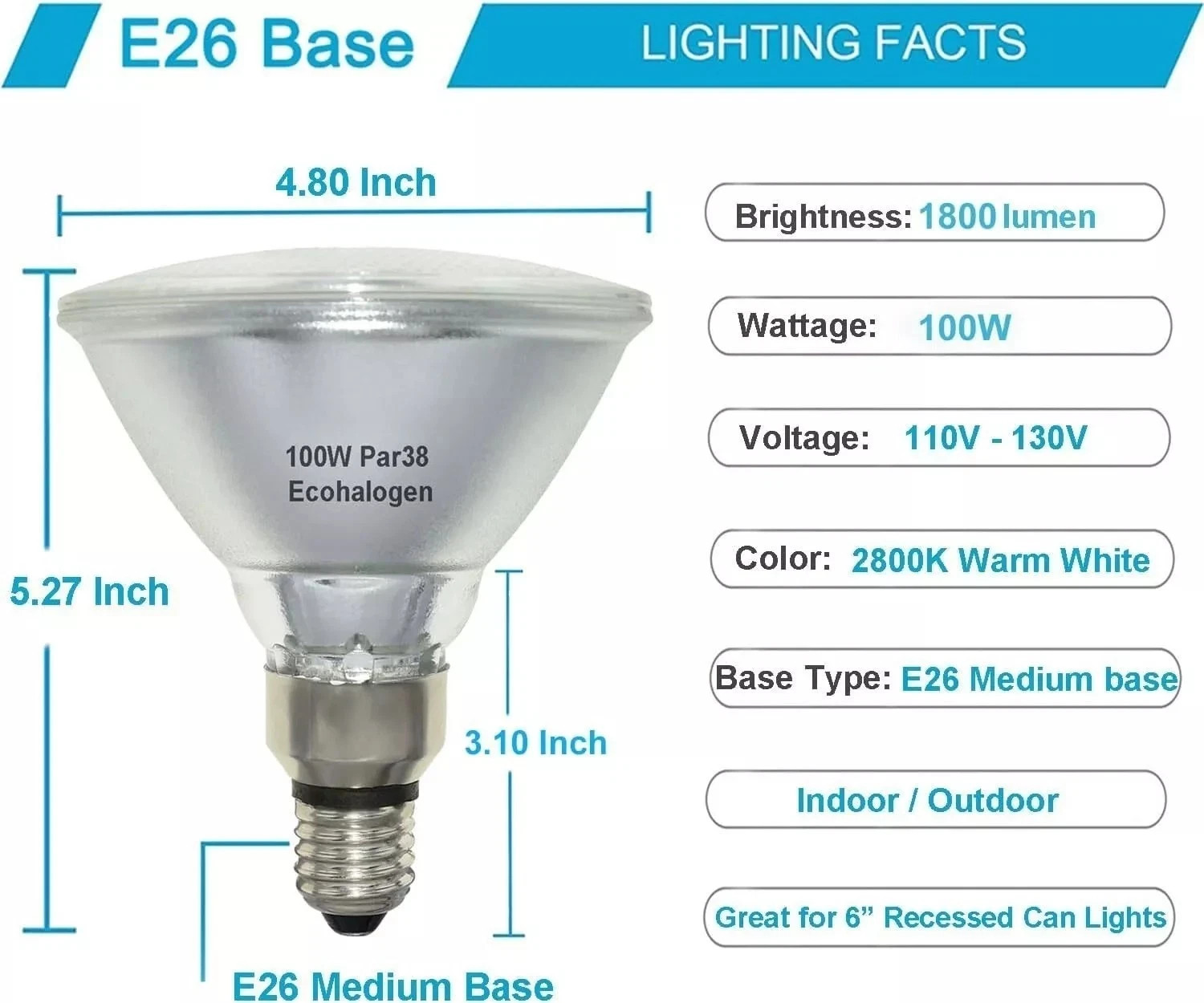 Vinaco PAR38 100W Flood Llight Bulbs, 4 Pack Short Neck PAR38 Halog Flood Ligh