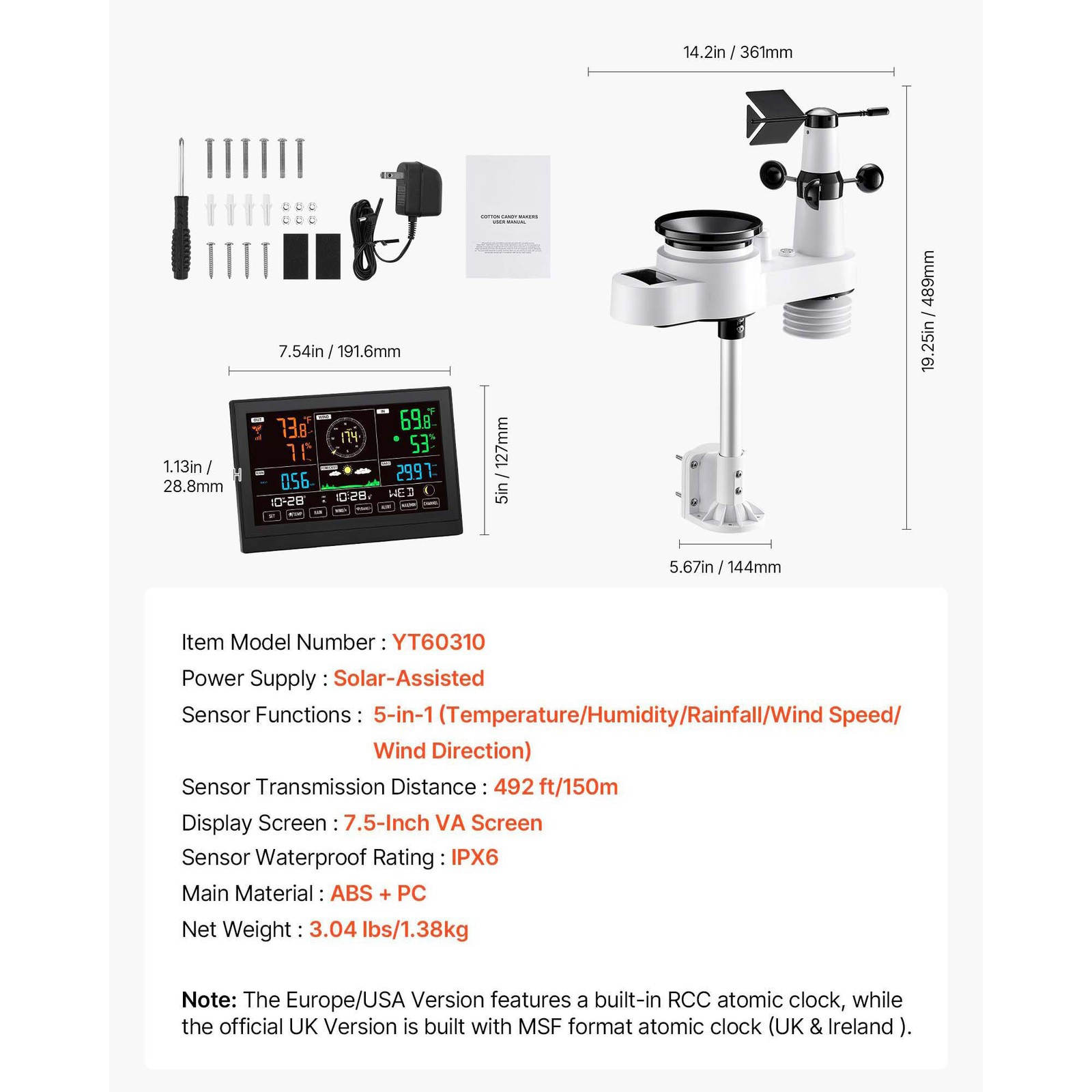 Uimoso 5-in-1 Wireless Weather Station 7.5'' Display and Indoor-Outdoor Sensor