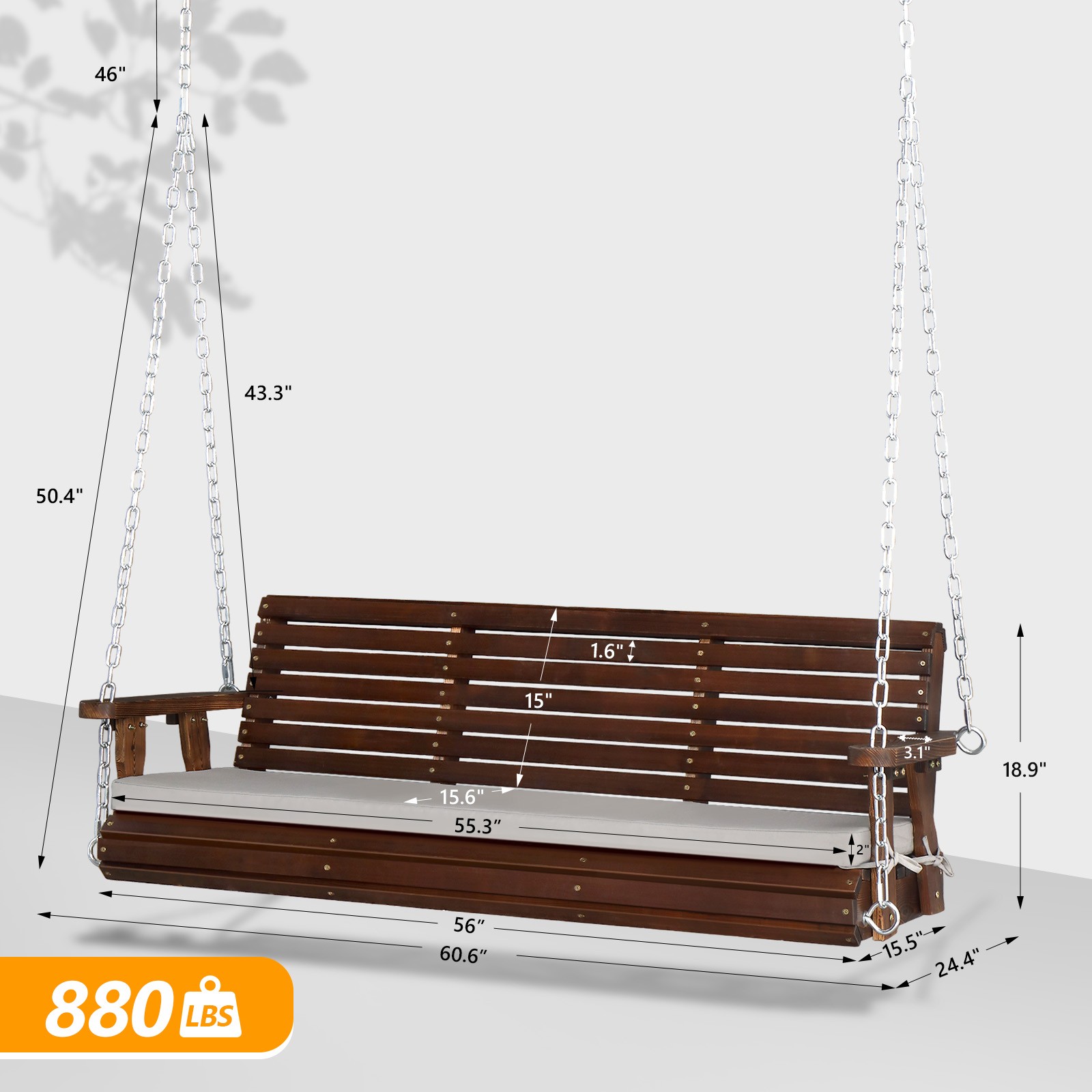 5 FT Heavy Duty 880 LBS Patio Wooden Porch Swing Outdoor with Extra Cushions