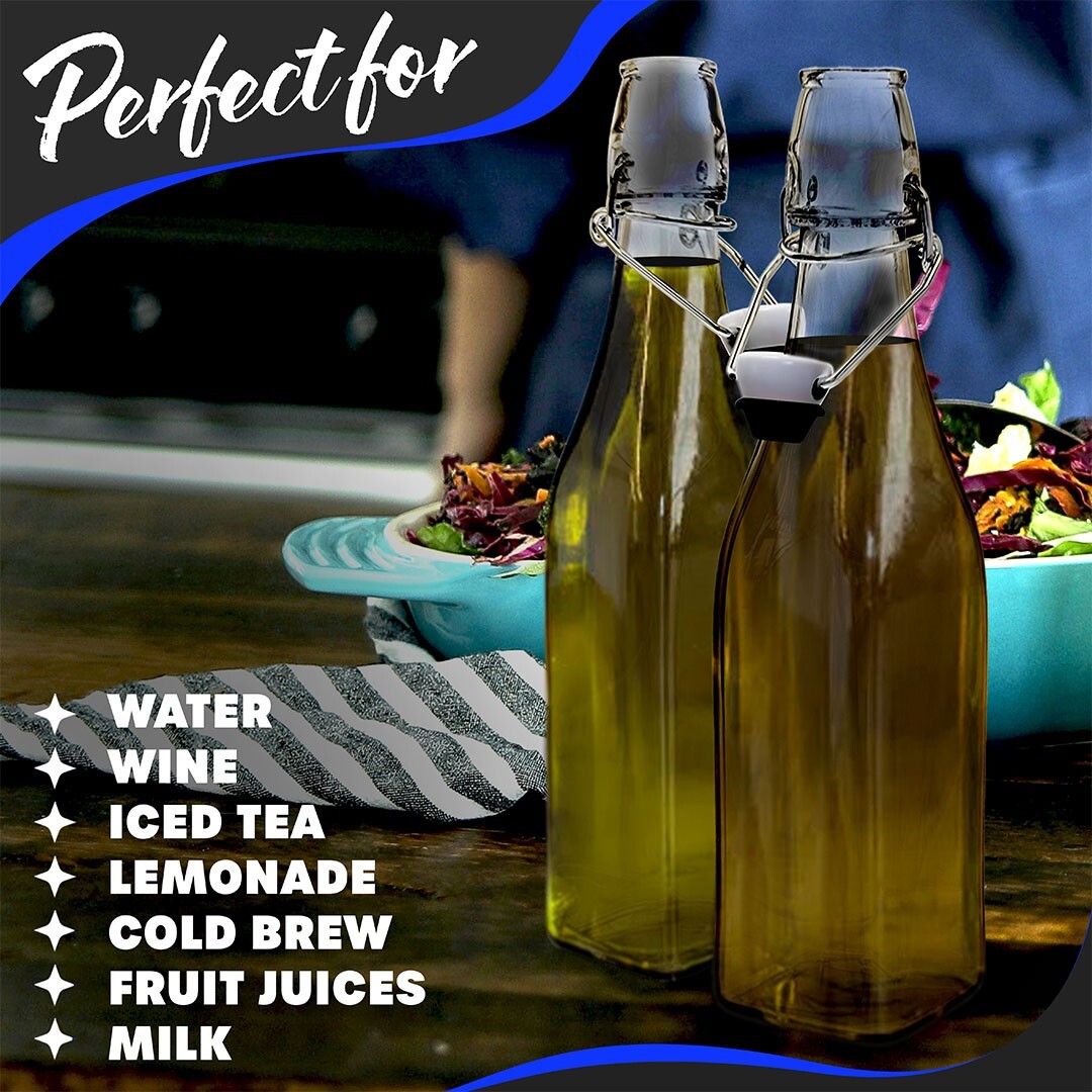 Nevlers 17 oz Square Swing Top Glass Bottles (Pack of 6) | Includes Funnel, Brus