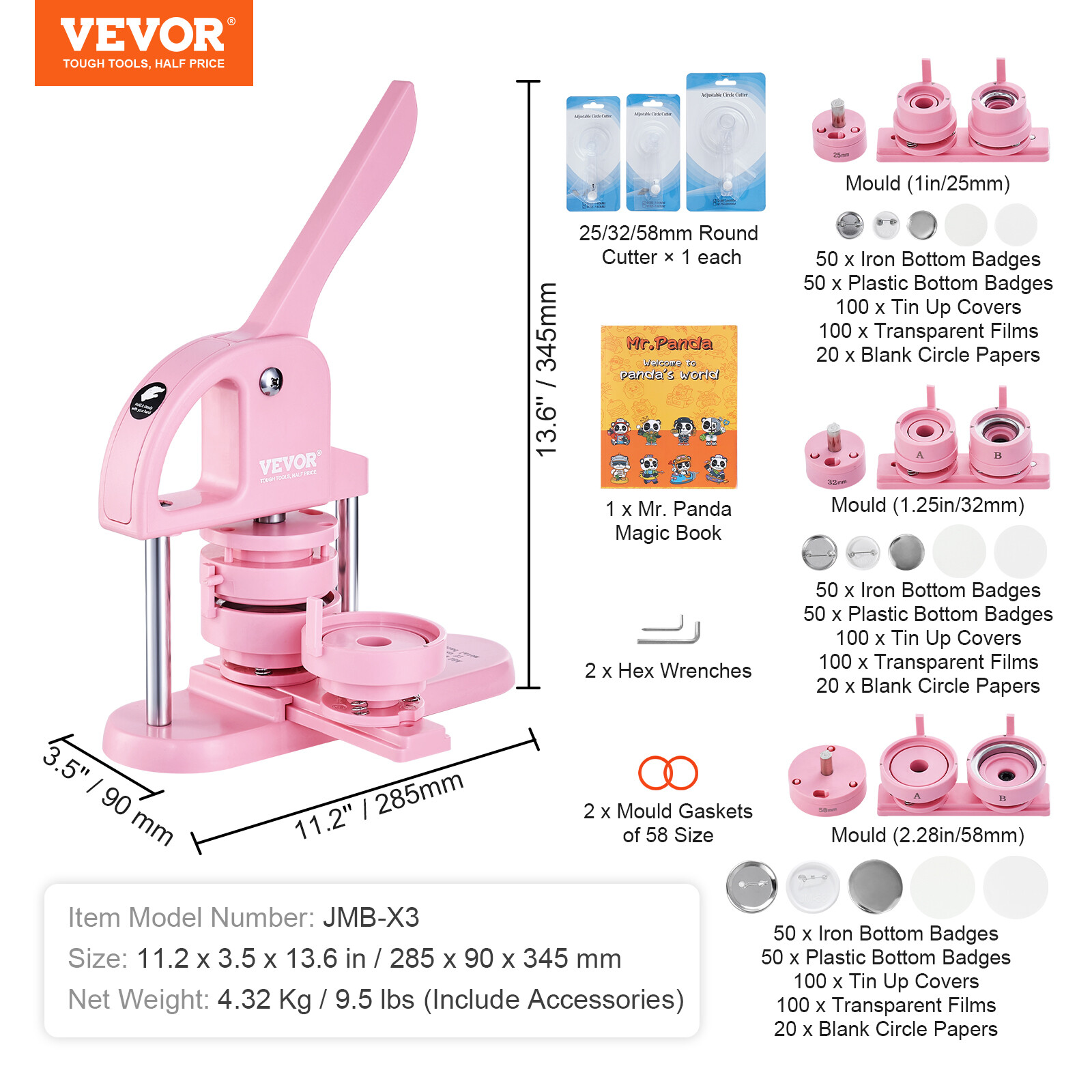 VEVOR Button Maker Machine Pin Badge Maker 1/1.25/2.28 inch 3-in-1 Pink for DIY