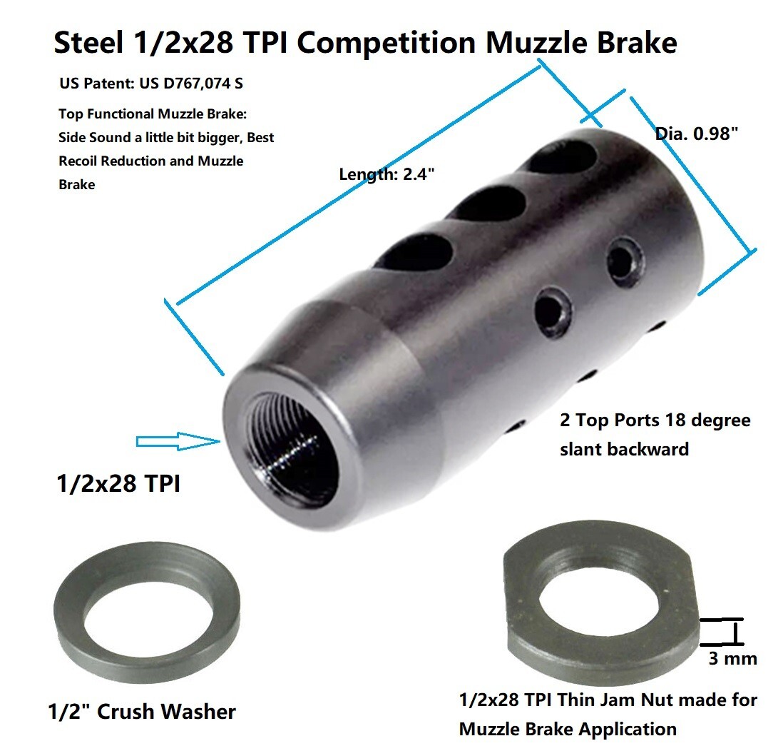 Steel 1/2x28 TPI Threaded Competition Muzzle Brake For .22LR .223 5.56 5.7x28