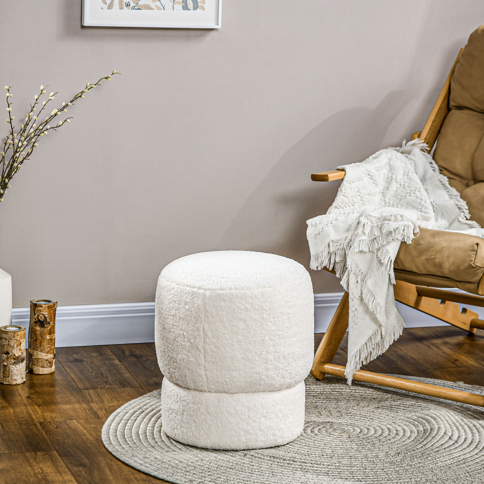 HOMCOM Round Ottoman Foot Stool with Fabric Upholstered Seat, Cream White