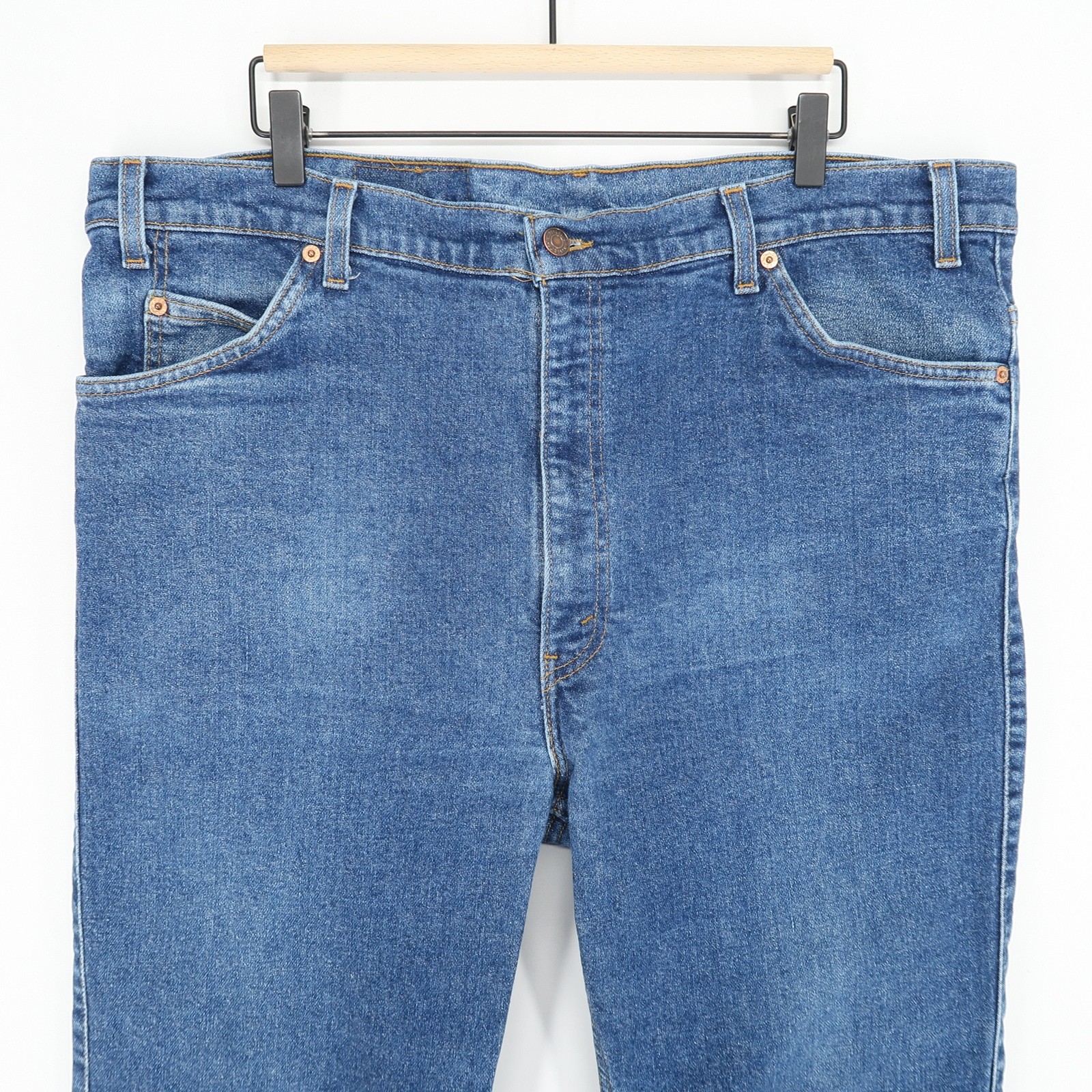 Vintage Levis 517 Jeans Mens 42x32 Blue Bootcut Orange Tab USA Stretch Denim