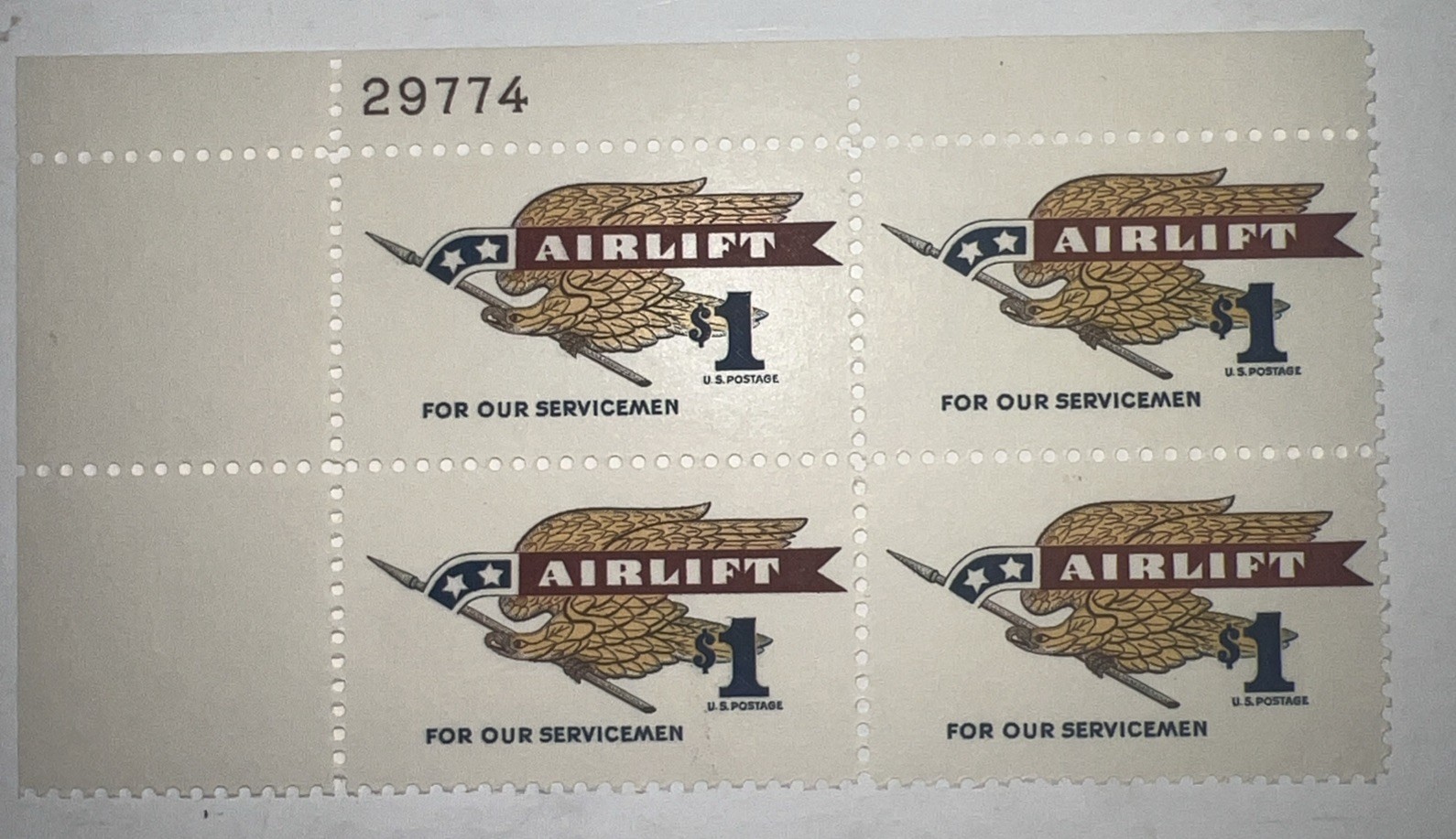 1968 AIRLIFT $1 plate block Sc 1341 MNH CV $10 Plate 29774