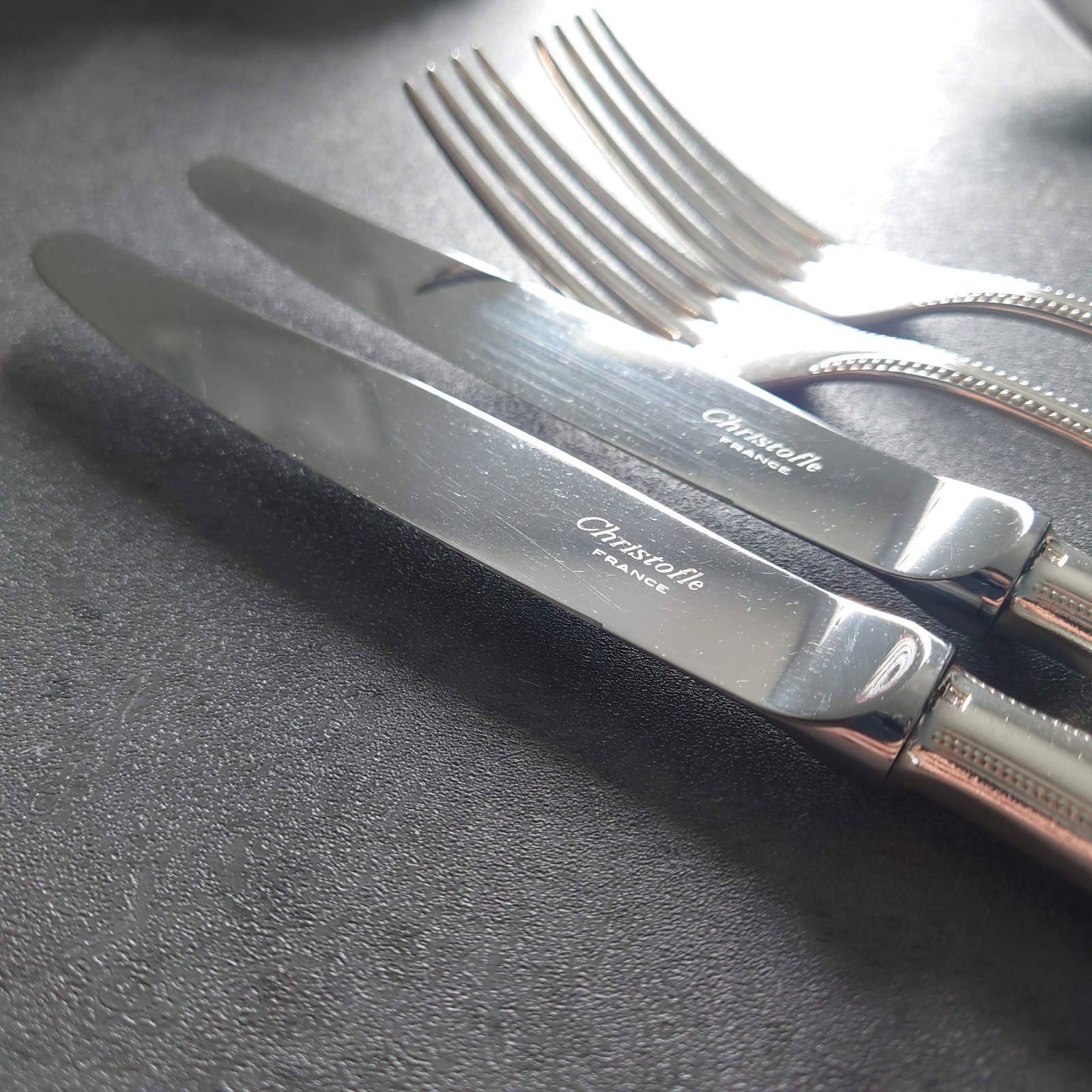 Christofle Perles 10pcs Silverplate Flatware Standard Knife Fork Spoon Very Good