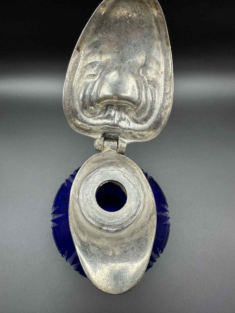 Antique Bohemian Cobalt Cut Glass Pitcher Pewter Mounted Art Nouveau 8.75”