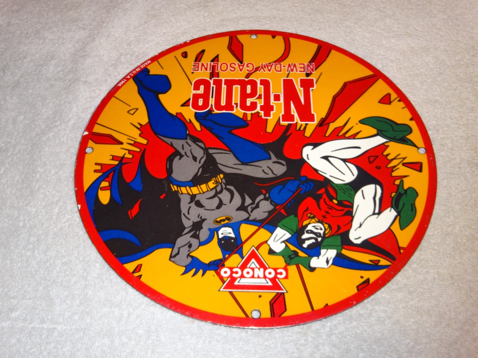 VINTAGE 1966 CONOCO GASOLINE W/ BATMAN & ROBIN 11 3/4" PORCELAIN METAL OIL SIGN!