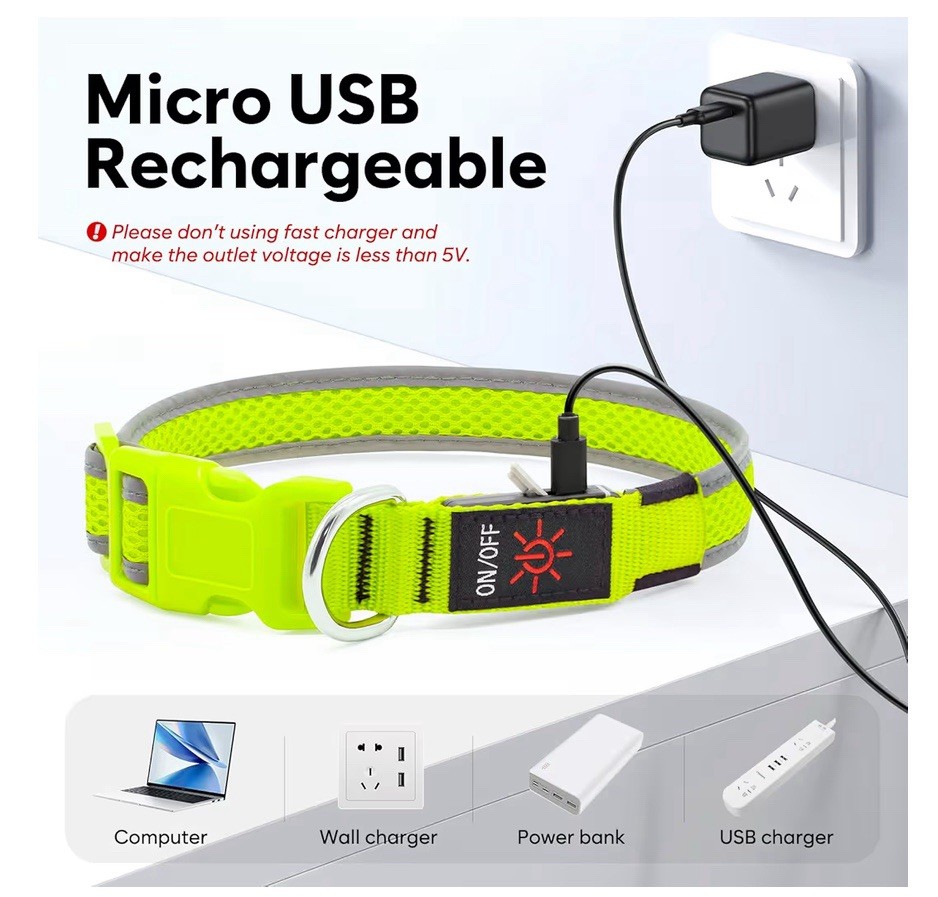 Flashseen Light Up LED Dog Collar, Dog Collar USB Rechargeable Large, Neon Green