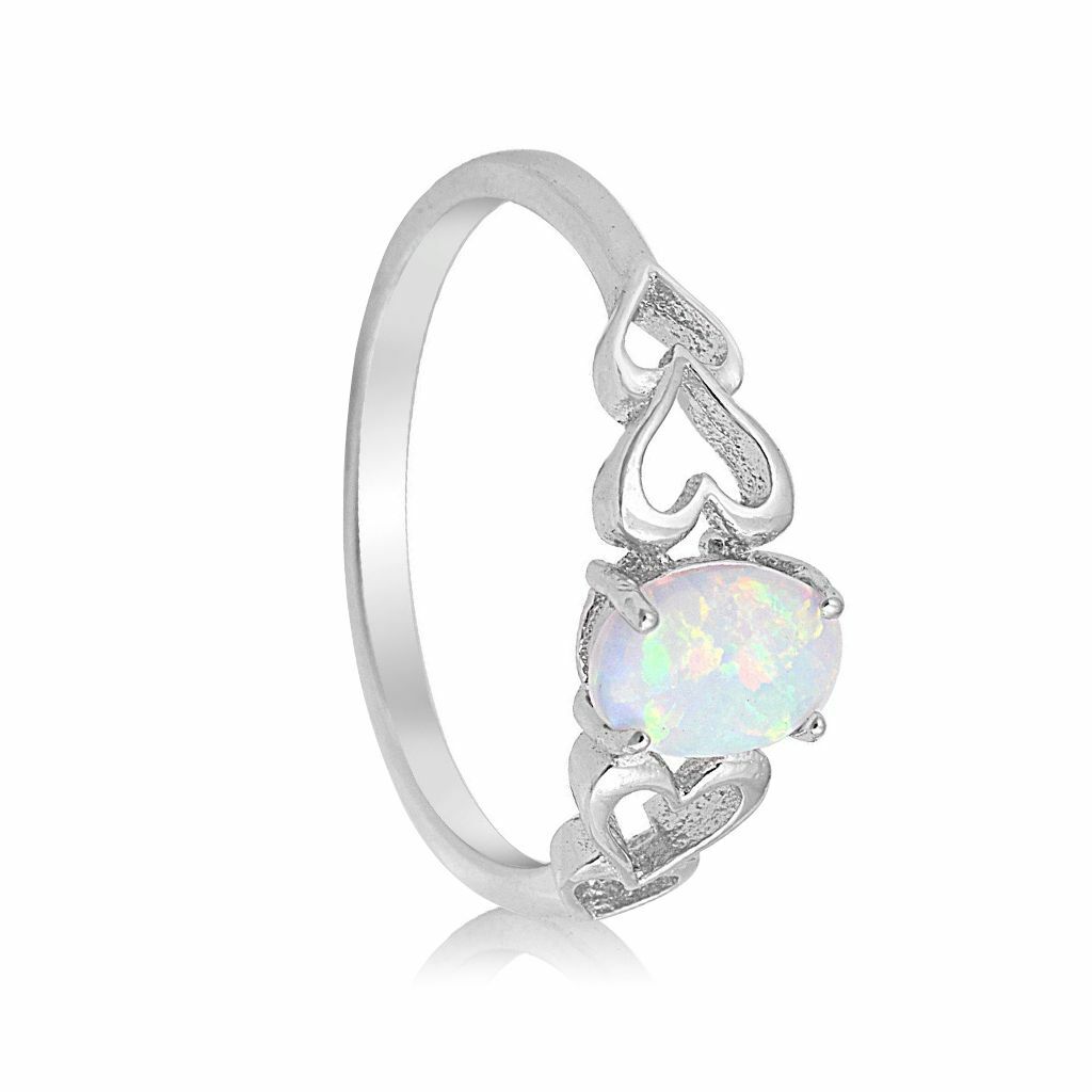 White Opal Love Heart Cutout Promise Ring 925 Sterling Silver Size 6-10 Women