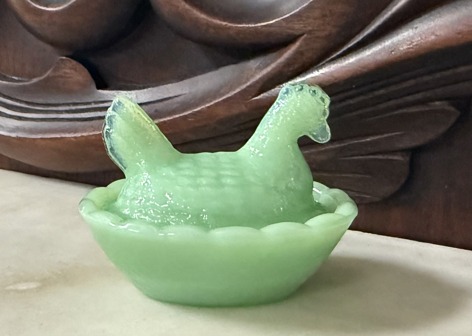 Jadeite Glass Mini Hen On A Nest, Salt dip, 2.5”