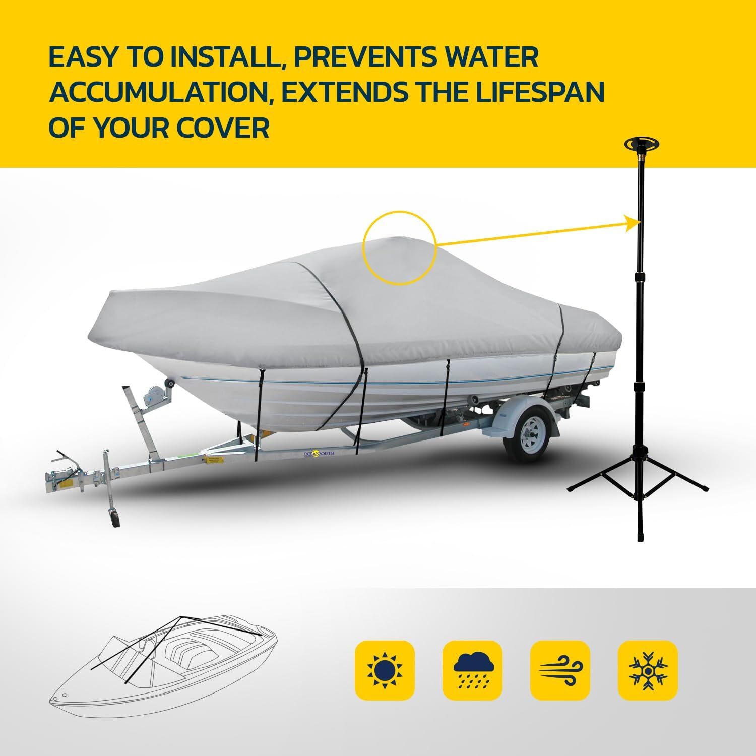 Boat Cover Support Pole & Straps Adjustable Height from 29" to 56" Tripod Base